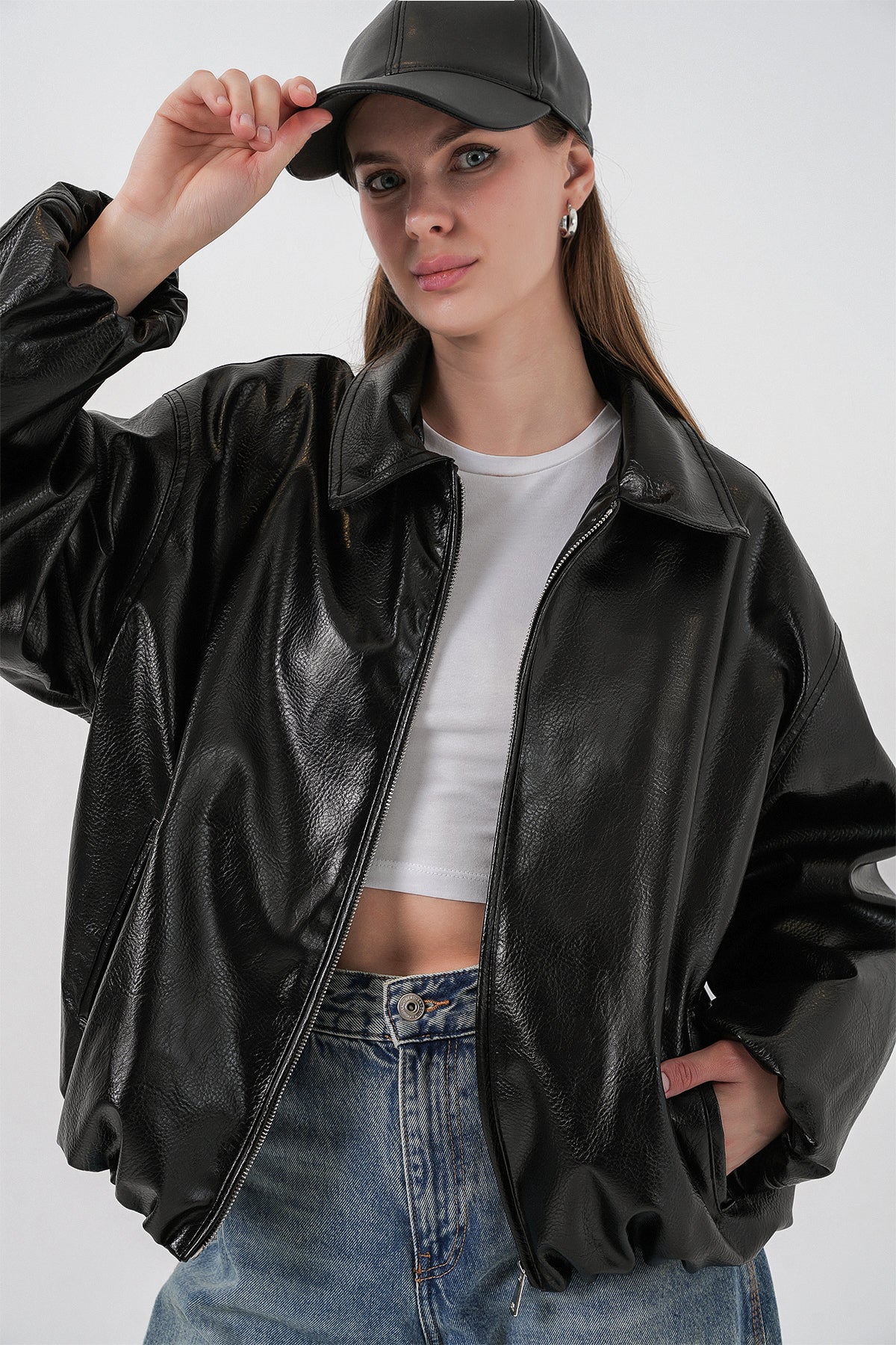 Kadın Oversize Suni Deri Ceket 1049 - Siyah