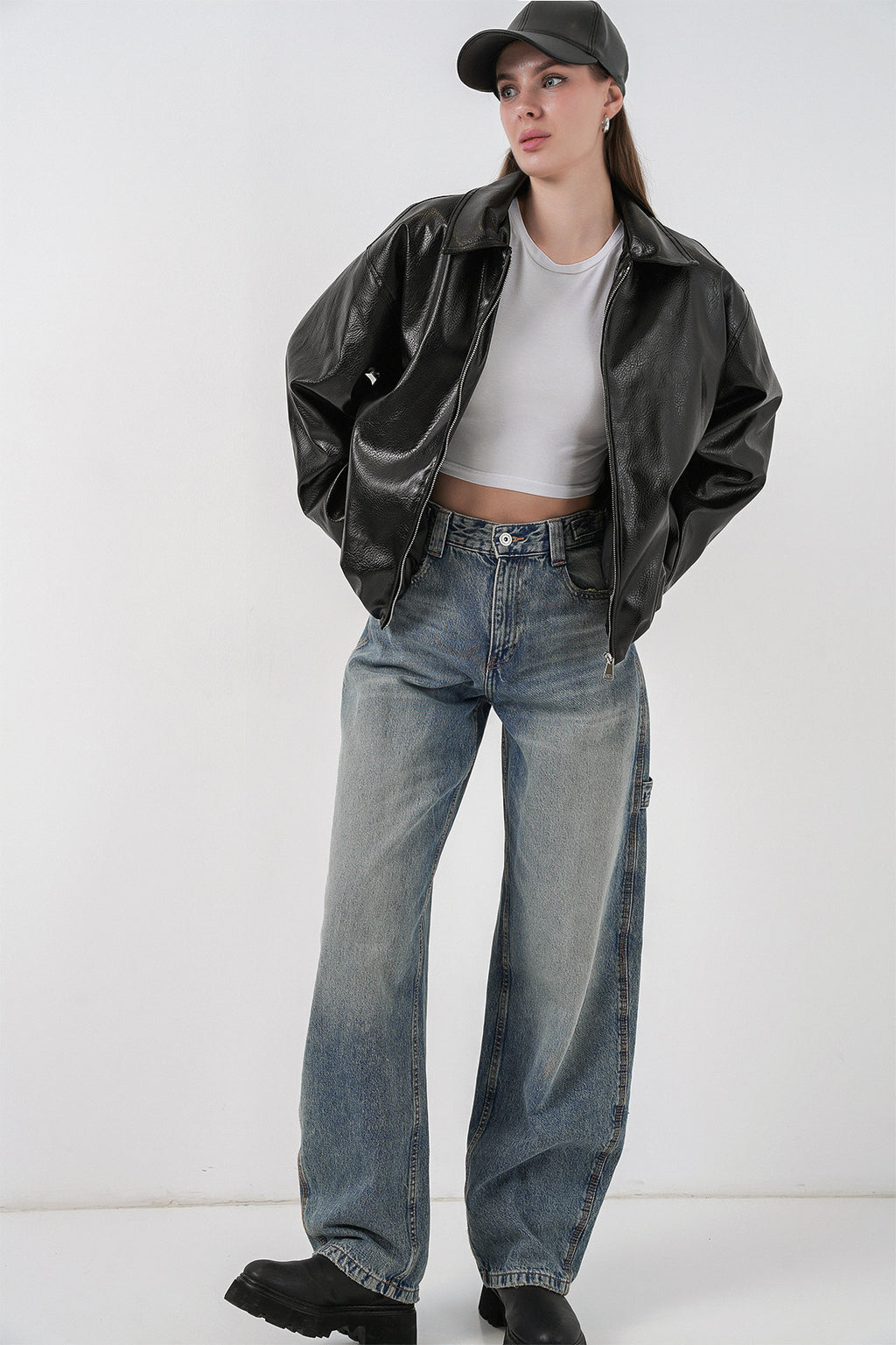 Kadın Oversize Suni Deri Ceket 1049 - Siyah