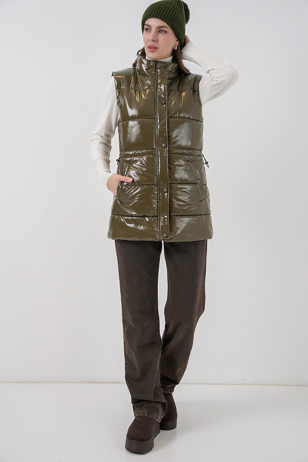 Kadın Parlak Şişme Yelek 5218 - Haki