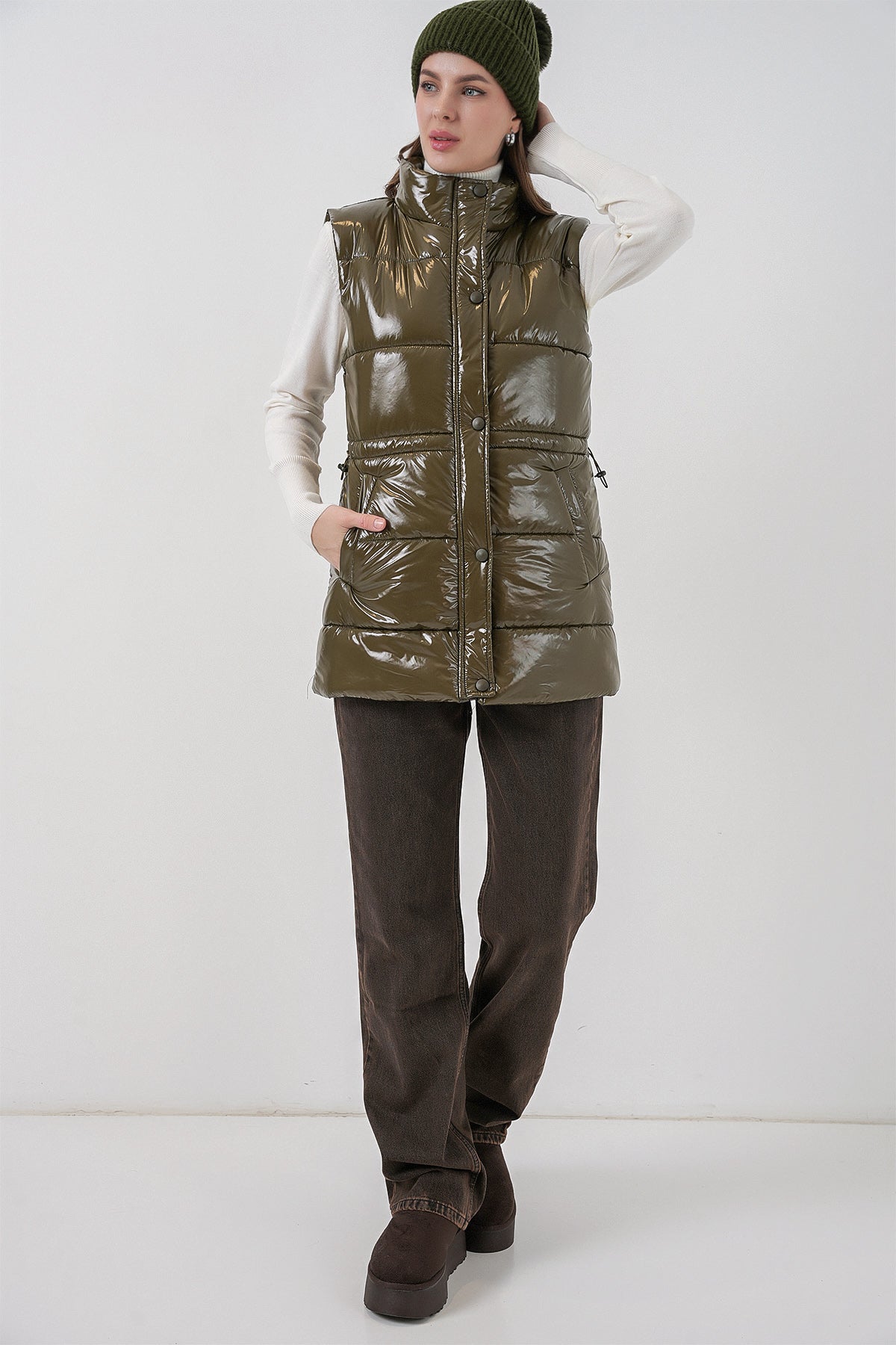 Kadın Parlak Şişme Yelek 5218 - Haki