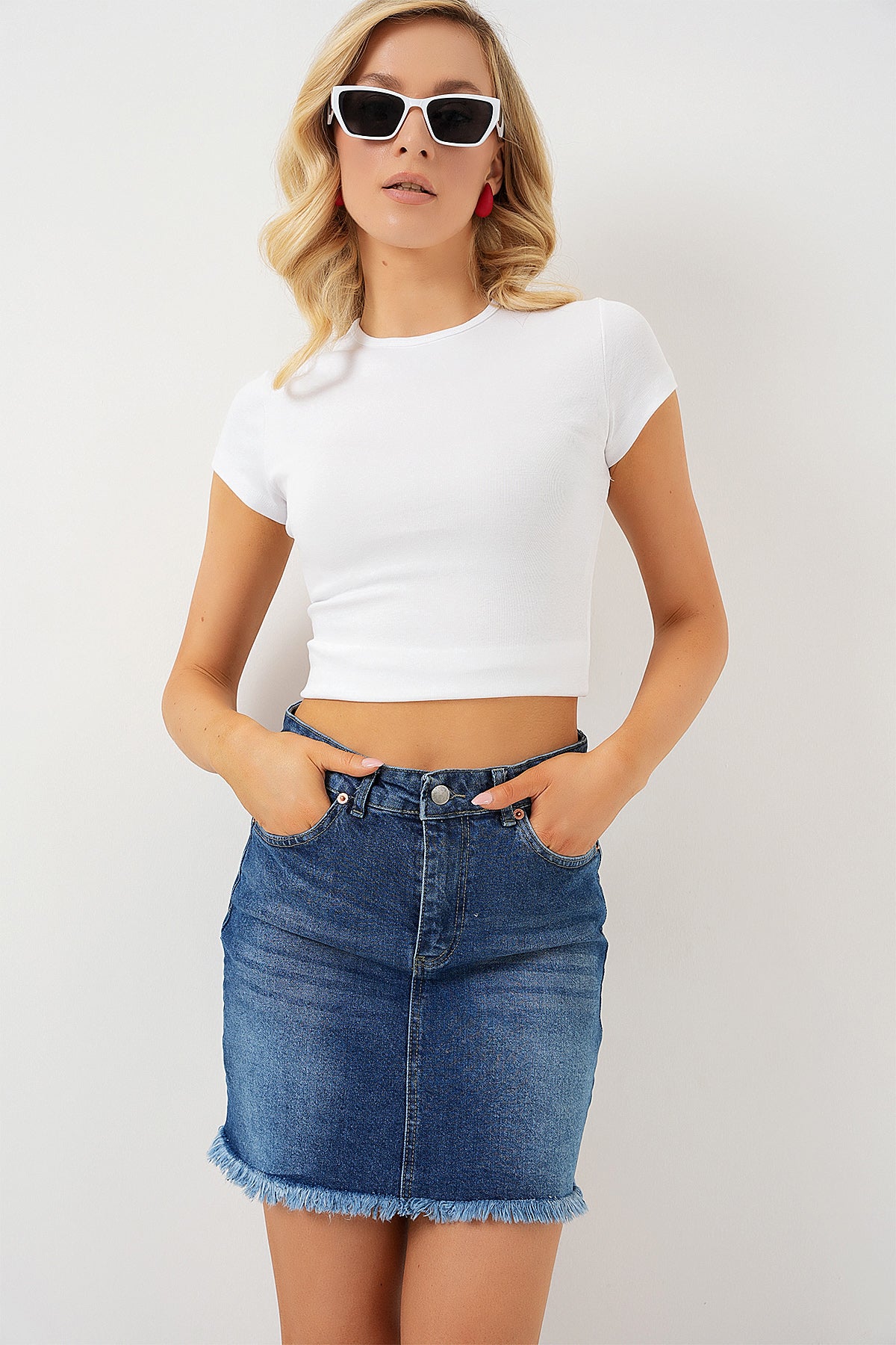 Kadın Püsküllü Mini Kot Etek 8051 - Lacivert