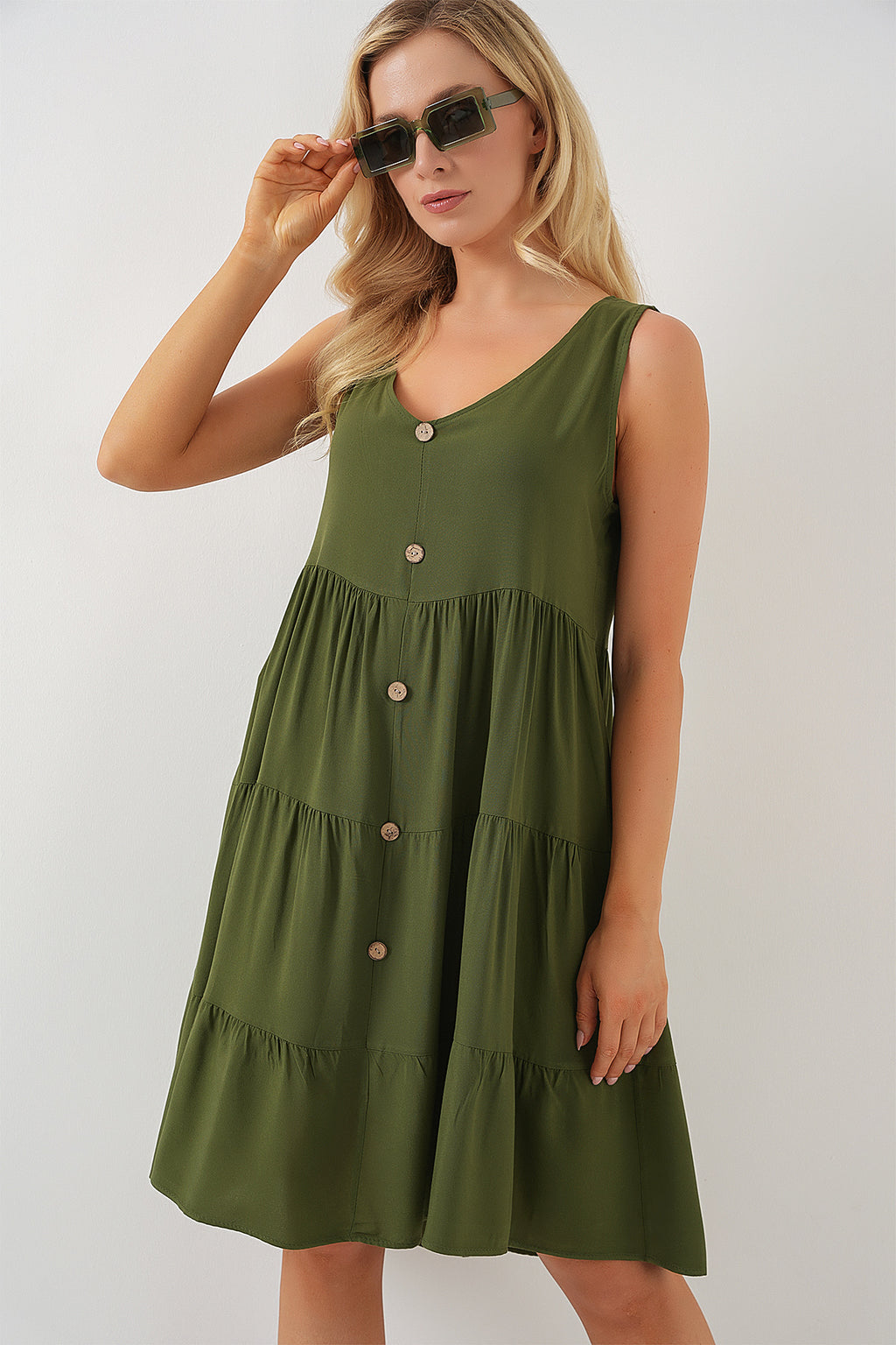 Kadın Sıfır Kol Düğmeli Kısa Elbise 2571 - Haki