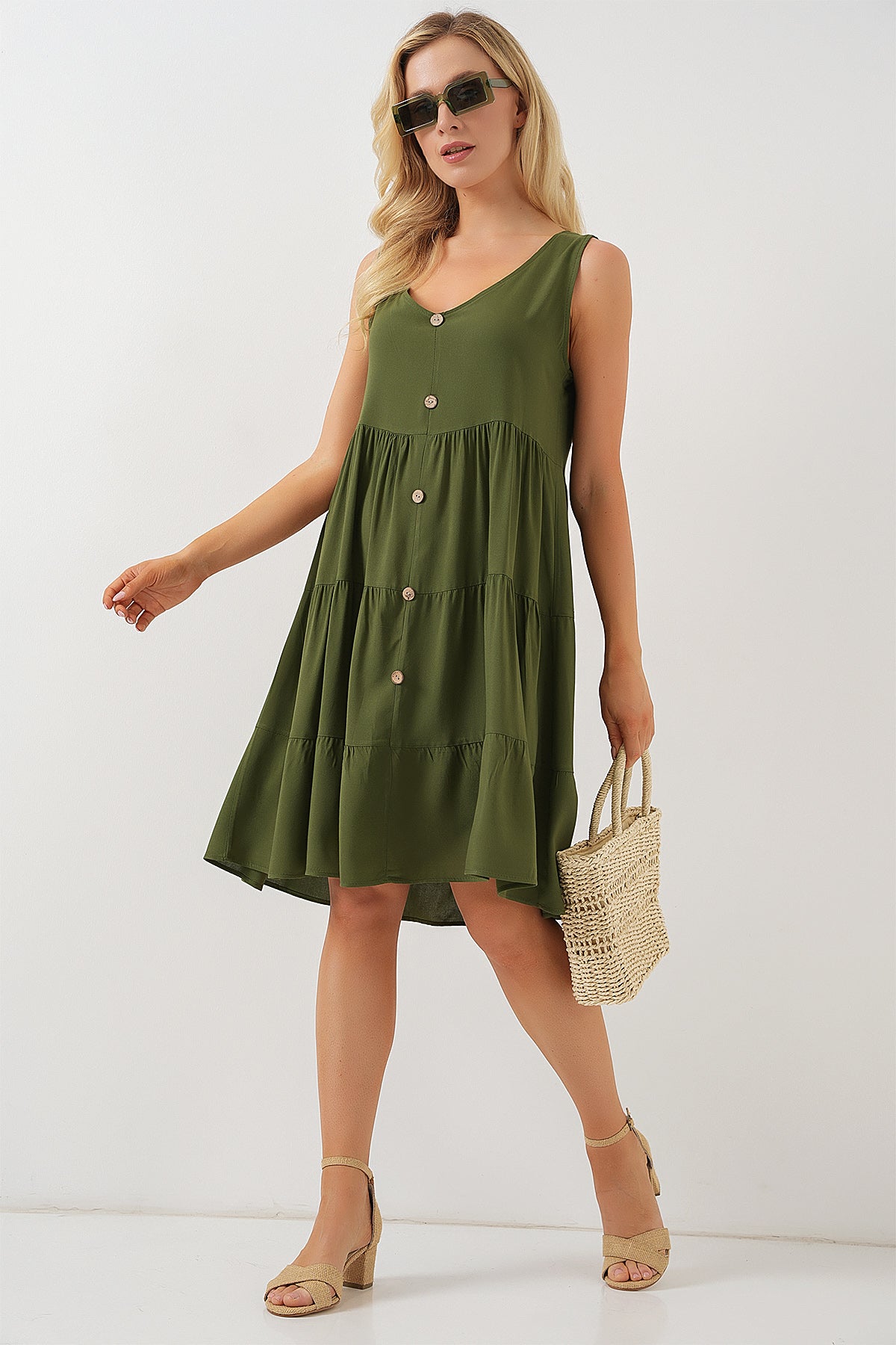 Kadın Sıfır Kol Düğmeli Kısa Elbise 2571 - Haki