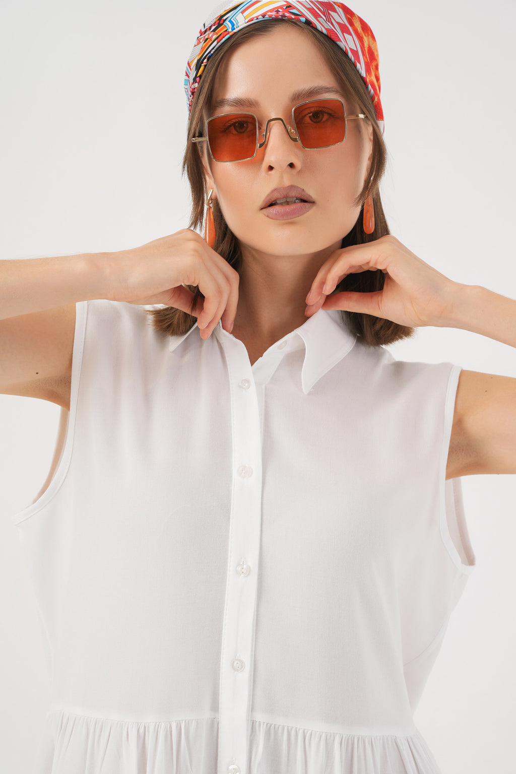 Kadın Sıfır Kol Midi Elbise 2563 - Beyaz