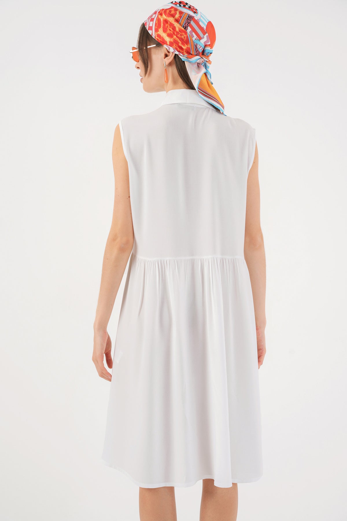 Kadın Sıfır Kol Midi Elbise 2563 - Beyaz