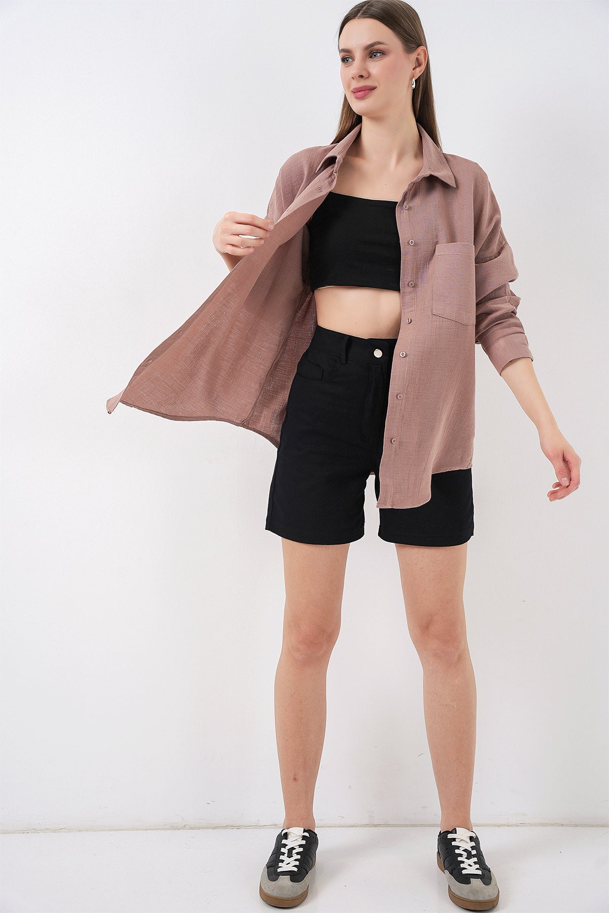 Kadın Tek Cepli Oversize Müslin Gömlek 20353 - Gül Kurusu