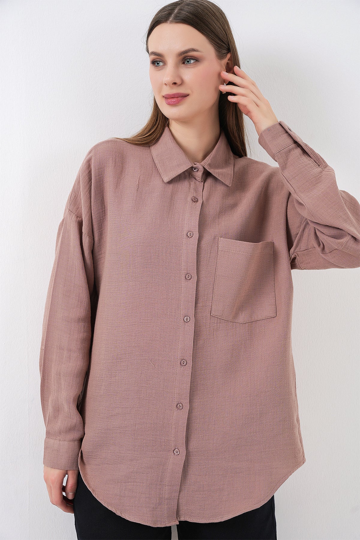 Kadın Tek Cepli Oversize Müslin Gömlek 20353 - Gül Kurusu