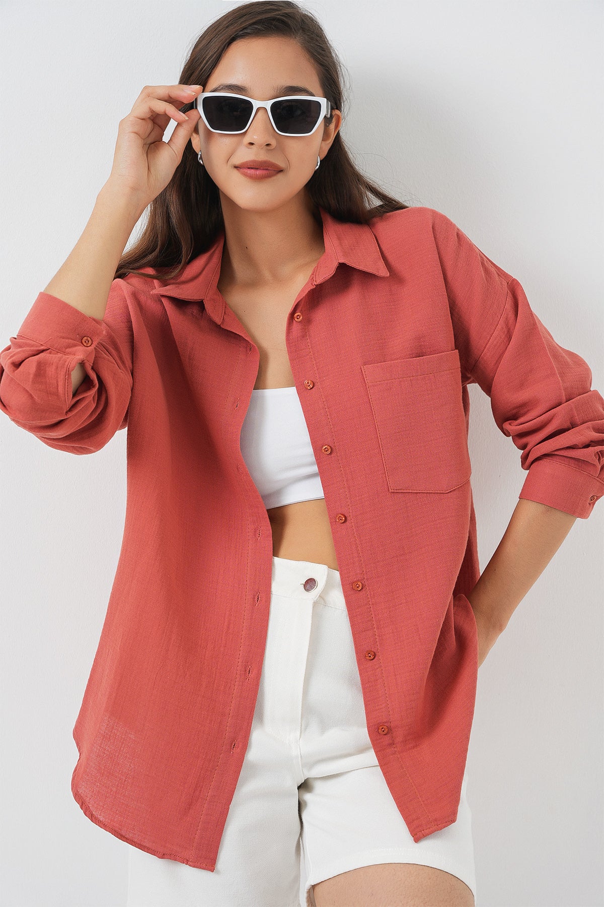 Kadın Tek Cepli Oversize Müslin Gömlek 20353 - Somon
