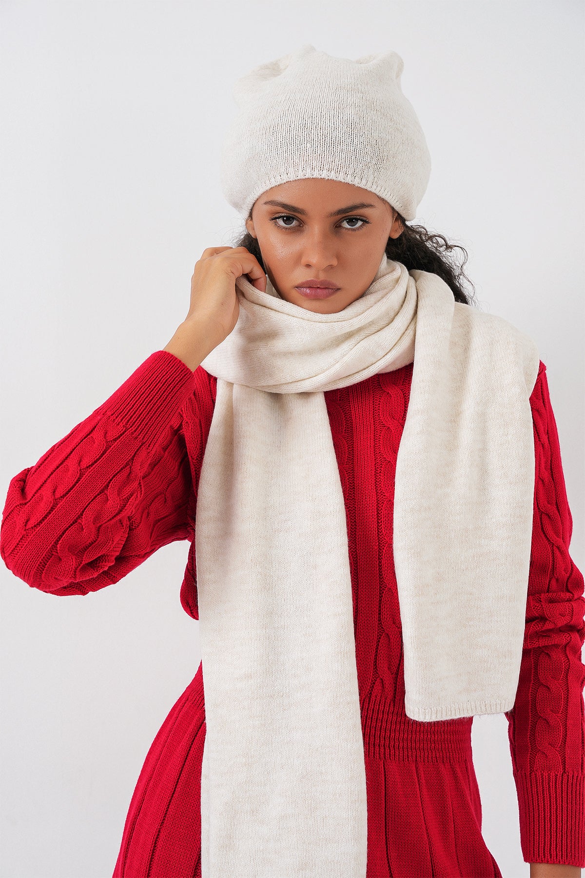 Kadın Triko Atkı Bere 15939 - Ekru