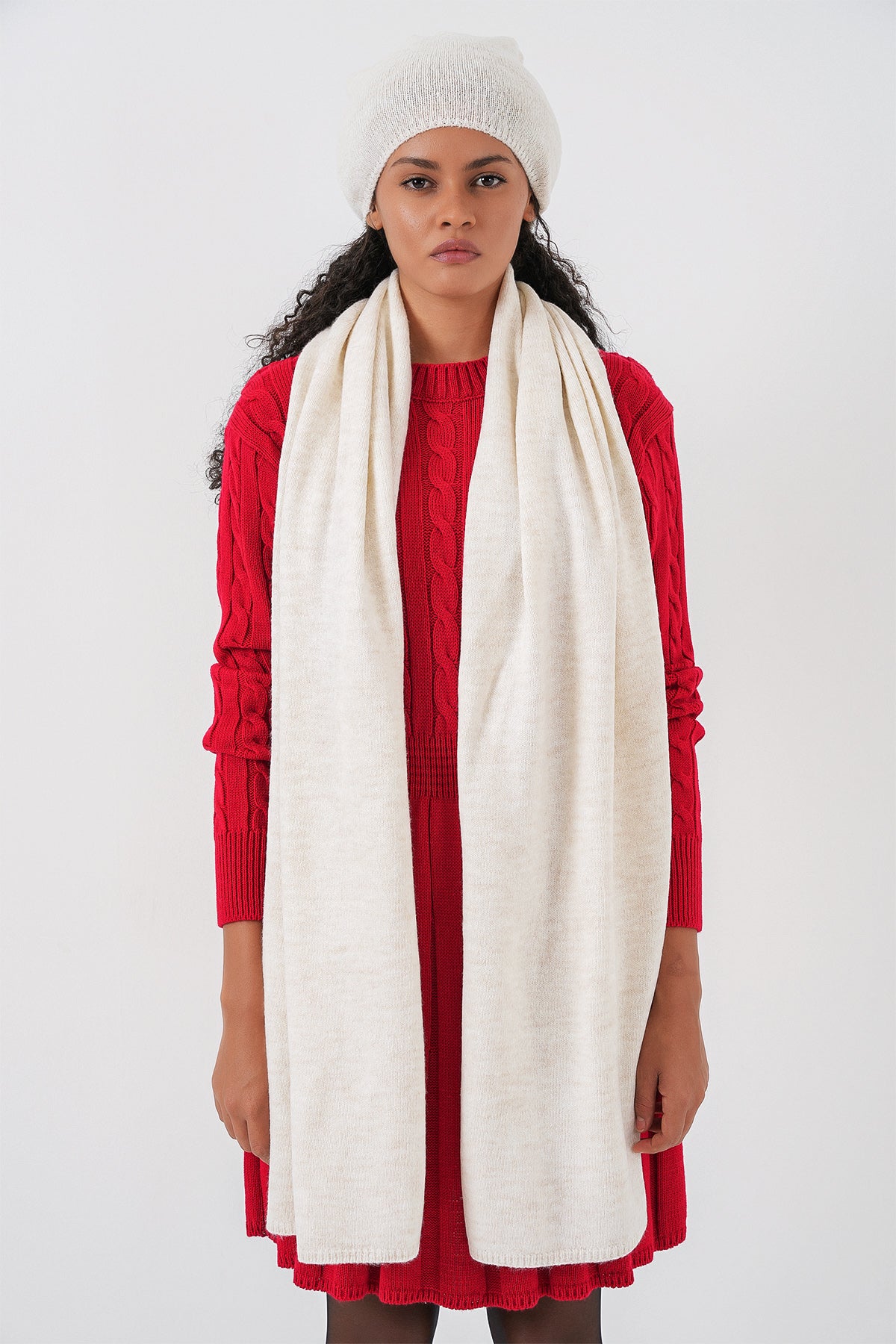 Kadın Triko Atkı Bere 15939 - Ekru