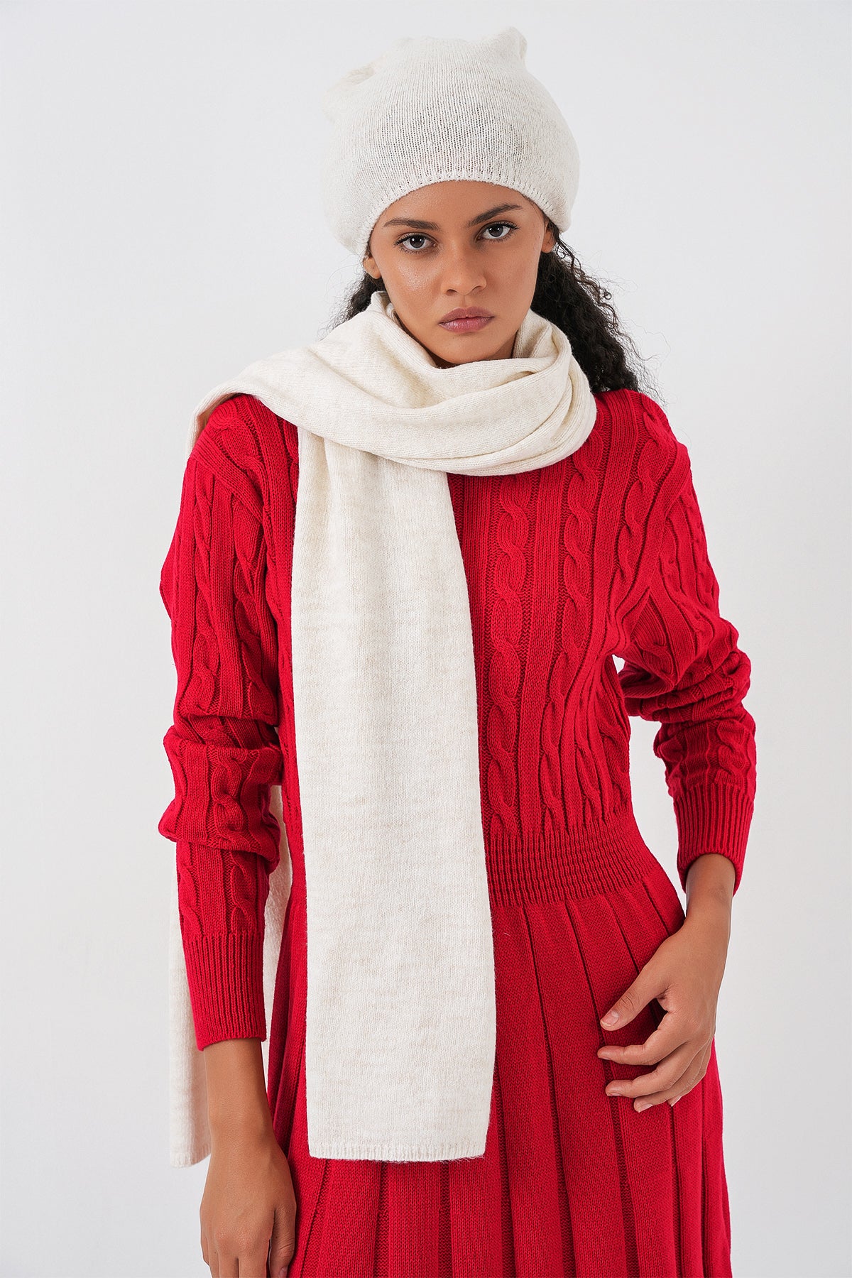 Kadın Triko Atkı Bere 15939 - Ekru