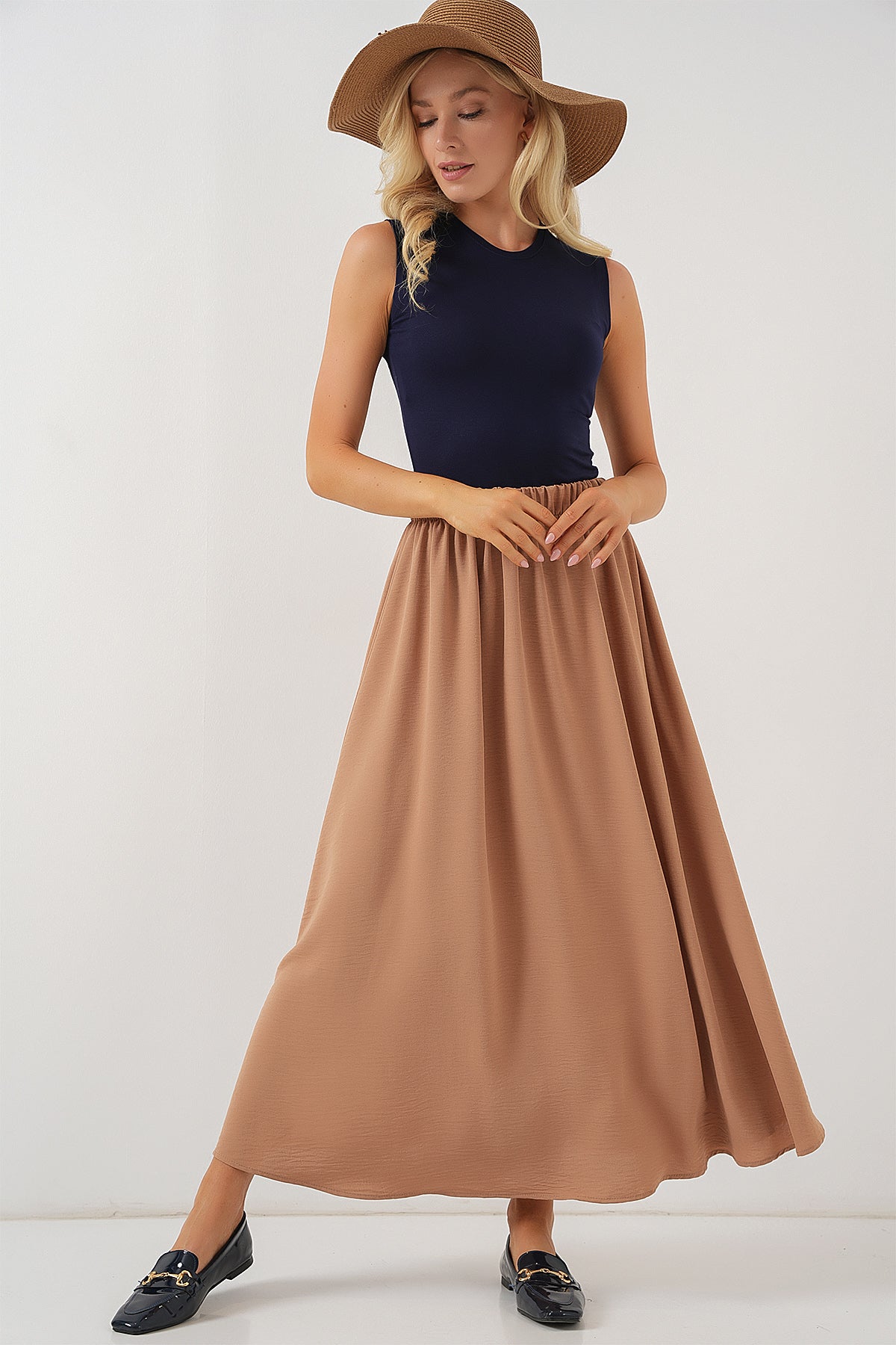 Kadın Uzun Ayrobin Etek 8050 - Camel