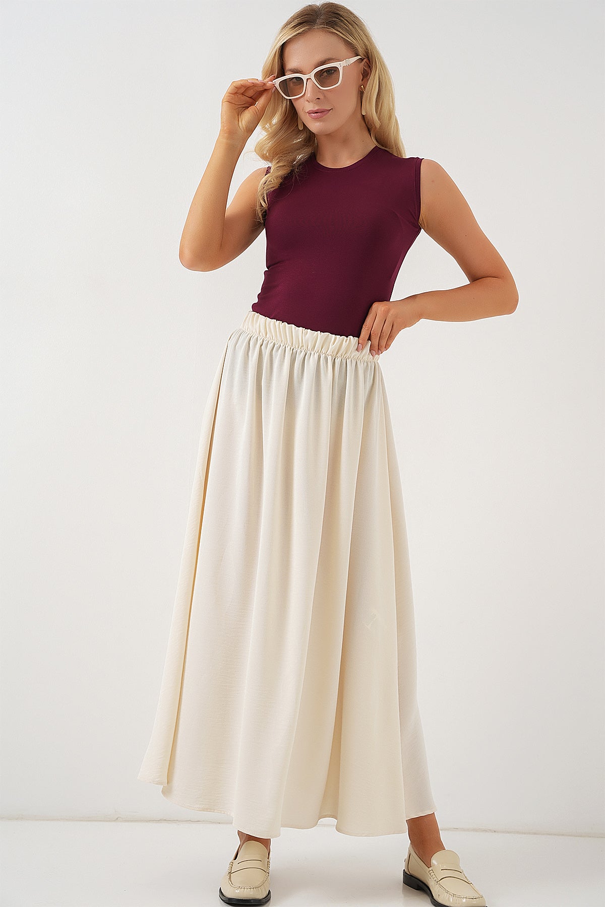 Kadın Uzun Ayrobin Etek 8050 - Krem