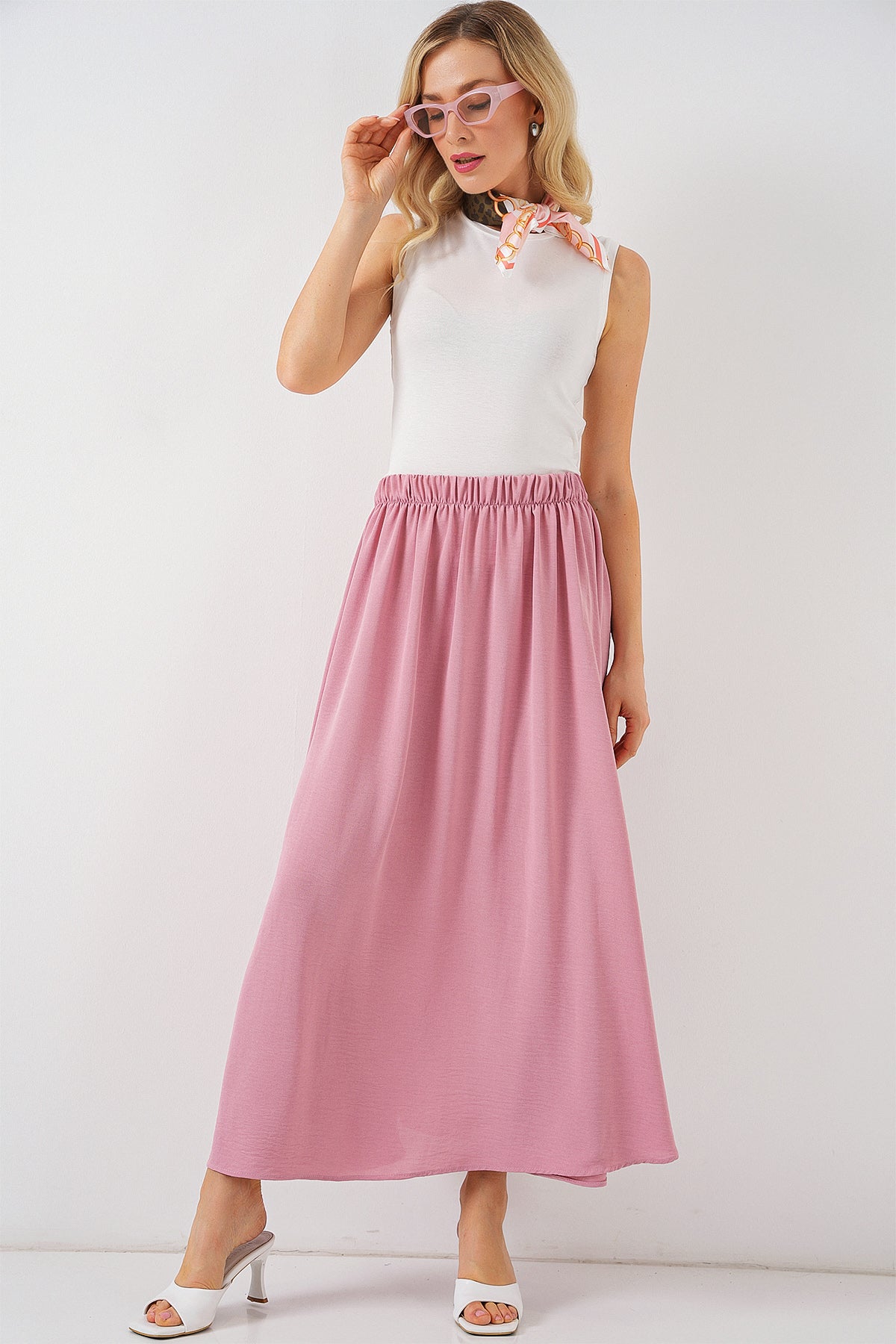 Kadın Uzun Ayrobin Etek 8050 - Pudra