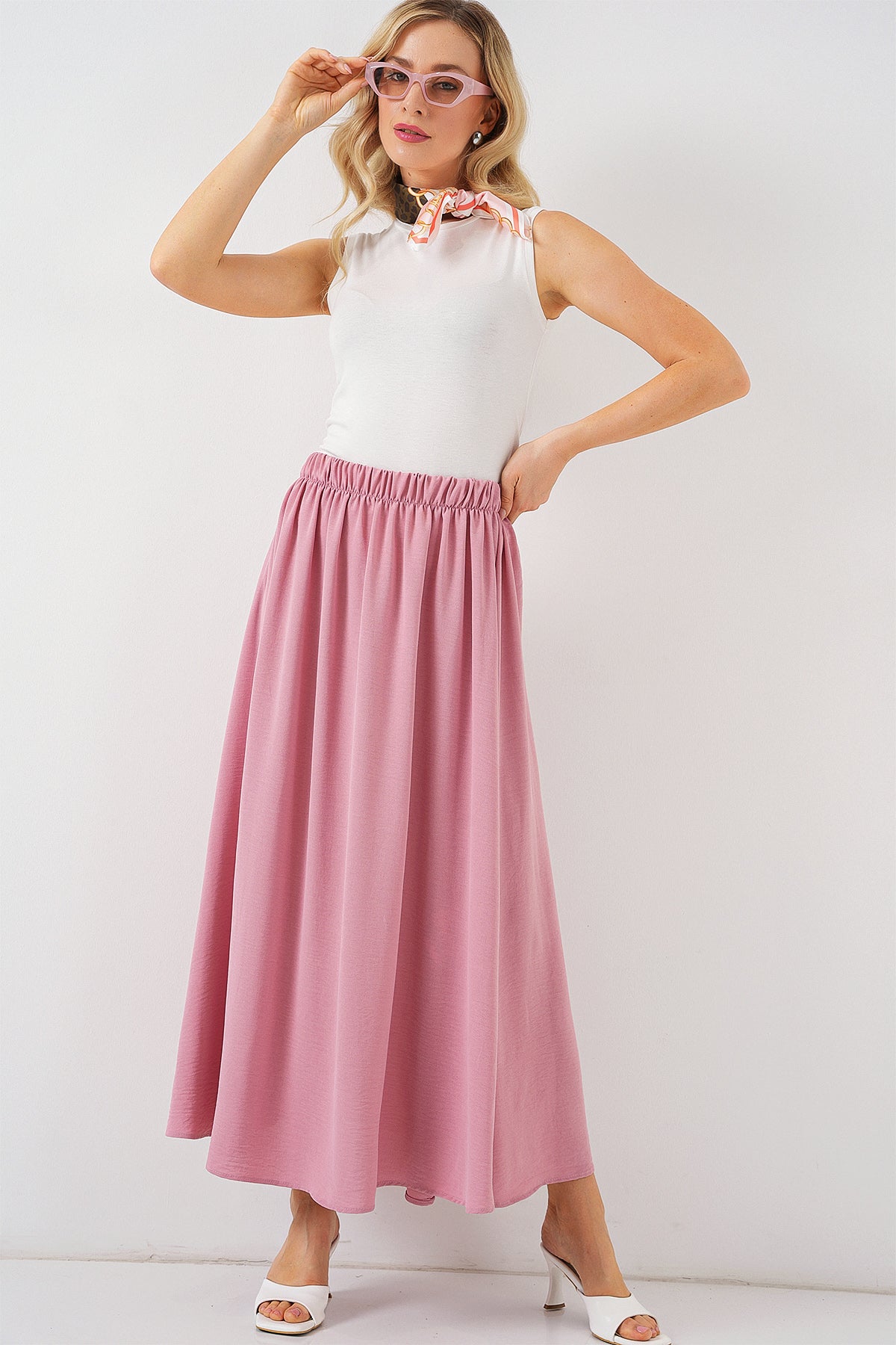 Kadın Uzun Ayrobin Etek 8050 - Pudra