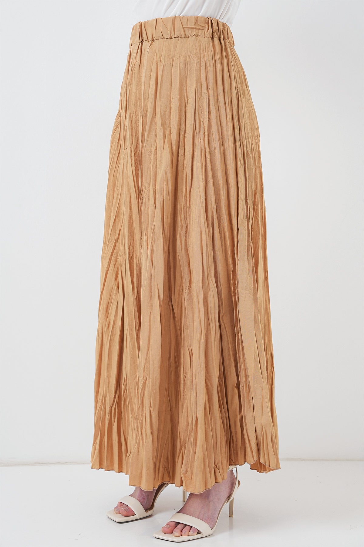 Kadın Uzun Kırışık Etek 8042 - Bisküvi