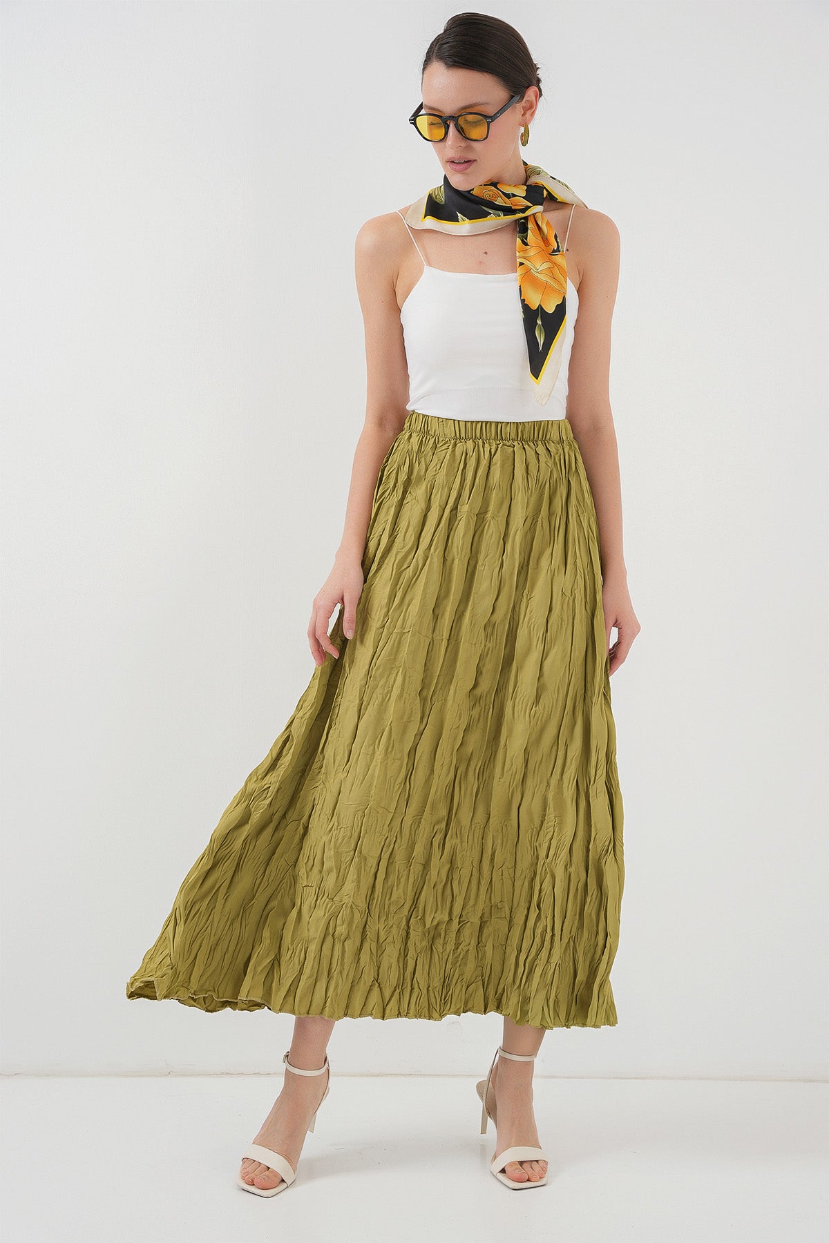 Kadın Uzun Kırışık Etek 8042 - E.Yeşil