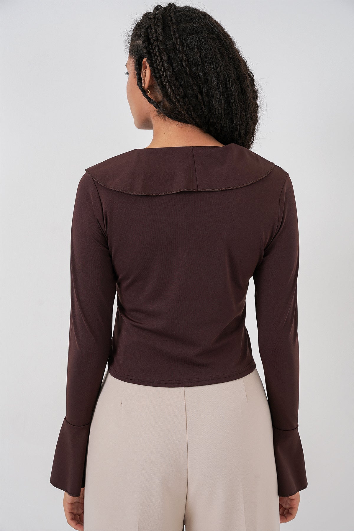 Kadın Uzun Kol Crop Bluz 979 - Kahverengi