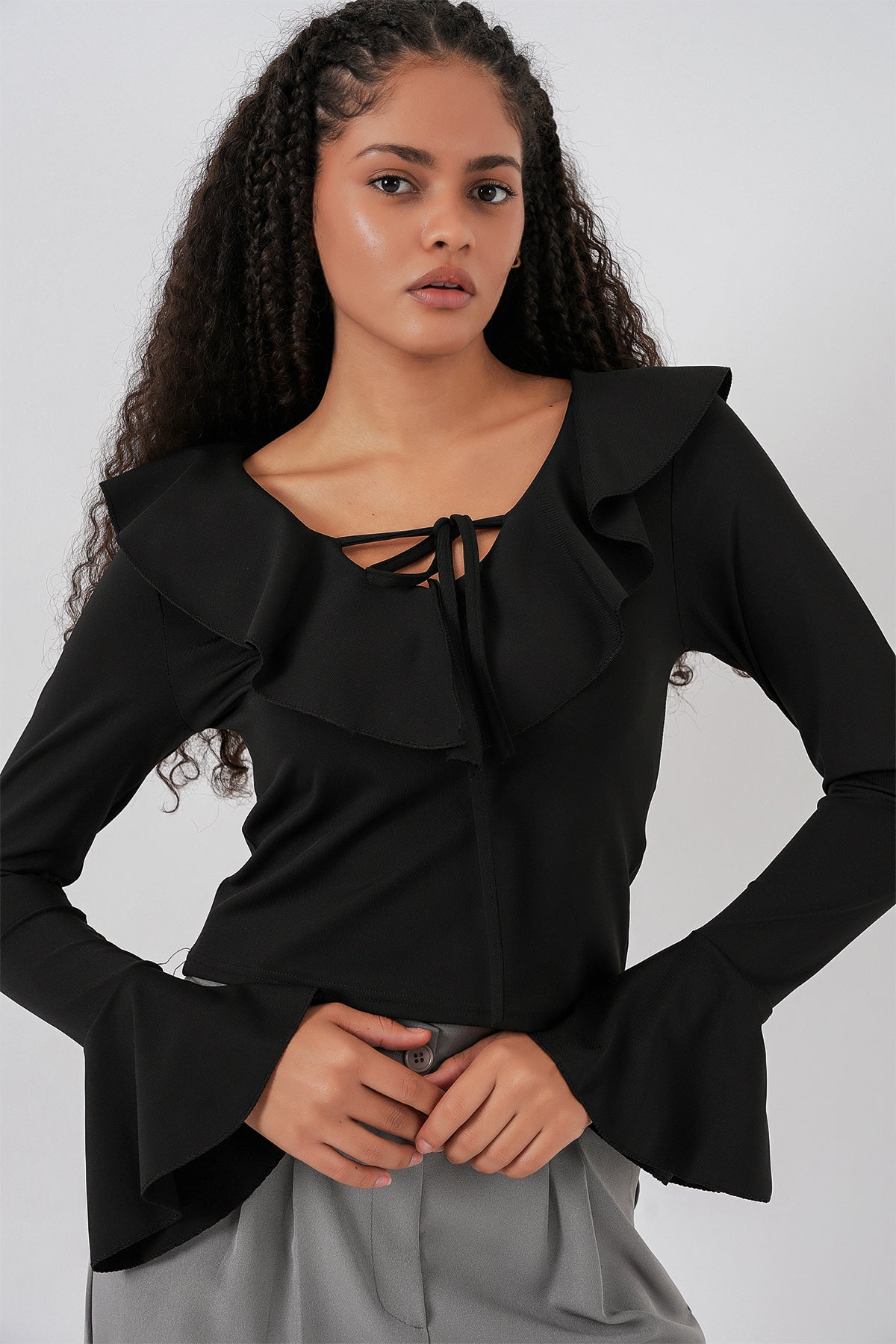 Kadın Uzun Kol Crop Bluz 979 - Siyah
