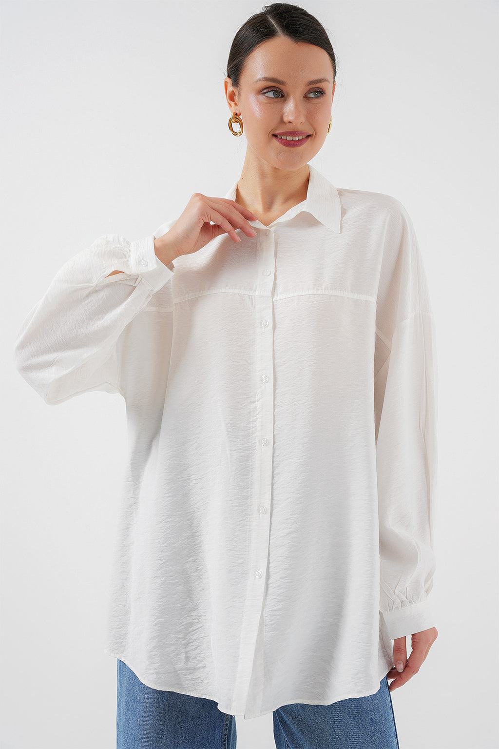 Kadın Uzun Oversize Gömlek 5965 - Beyaz