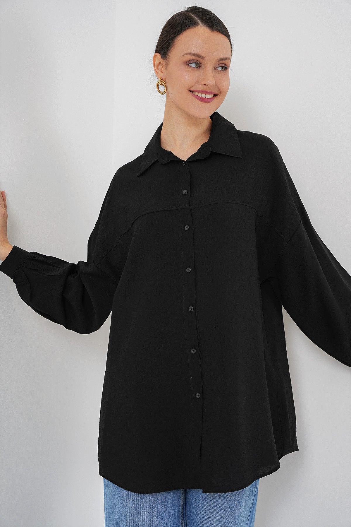 Kadın Uzun Oversize Gömlek 5965 - Siyah