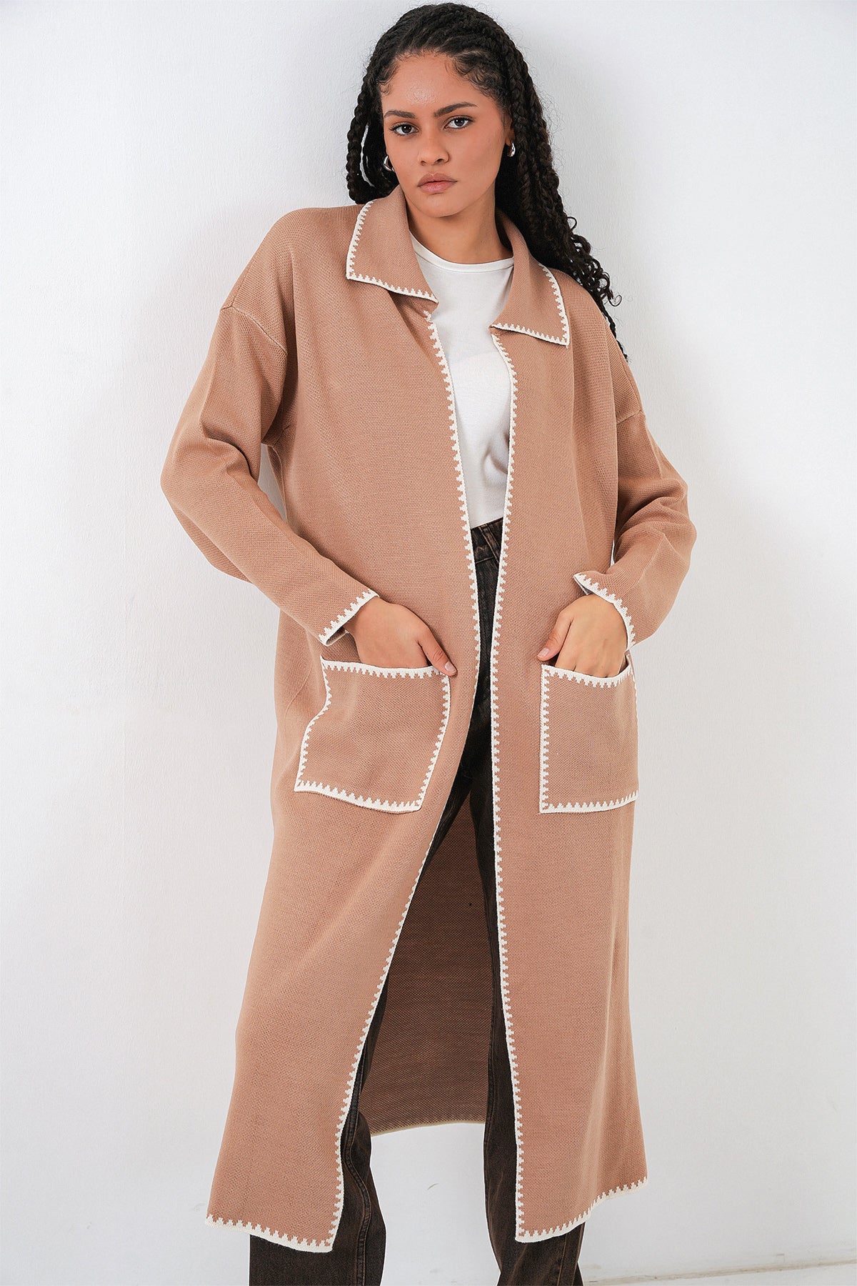 Kadın Uzun Oversize Triko Hırka 15962 - Camel