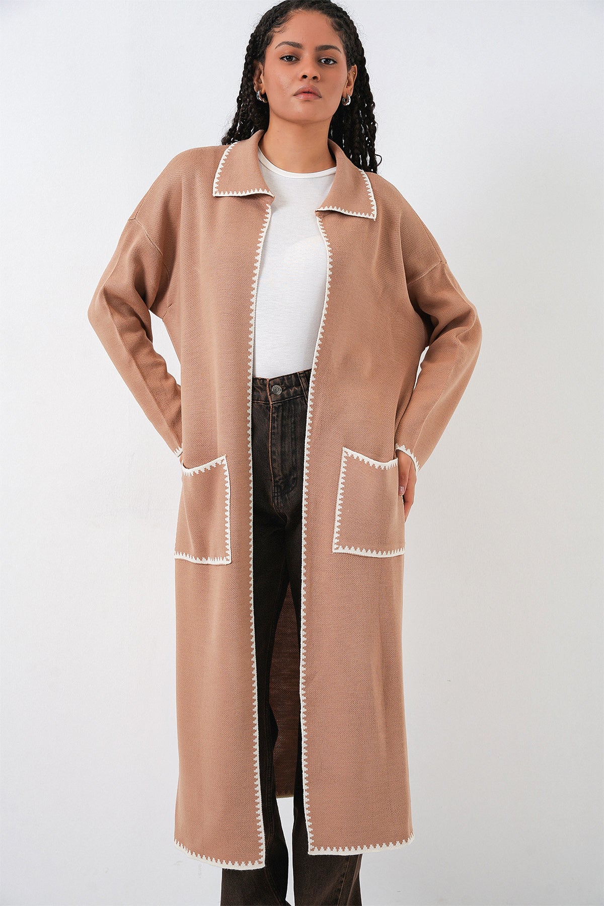 Kadın Uzun Oversize Triko Hırka 15962 - Camel