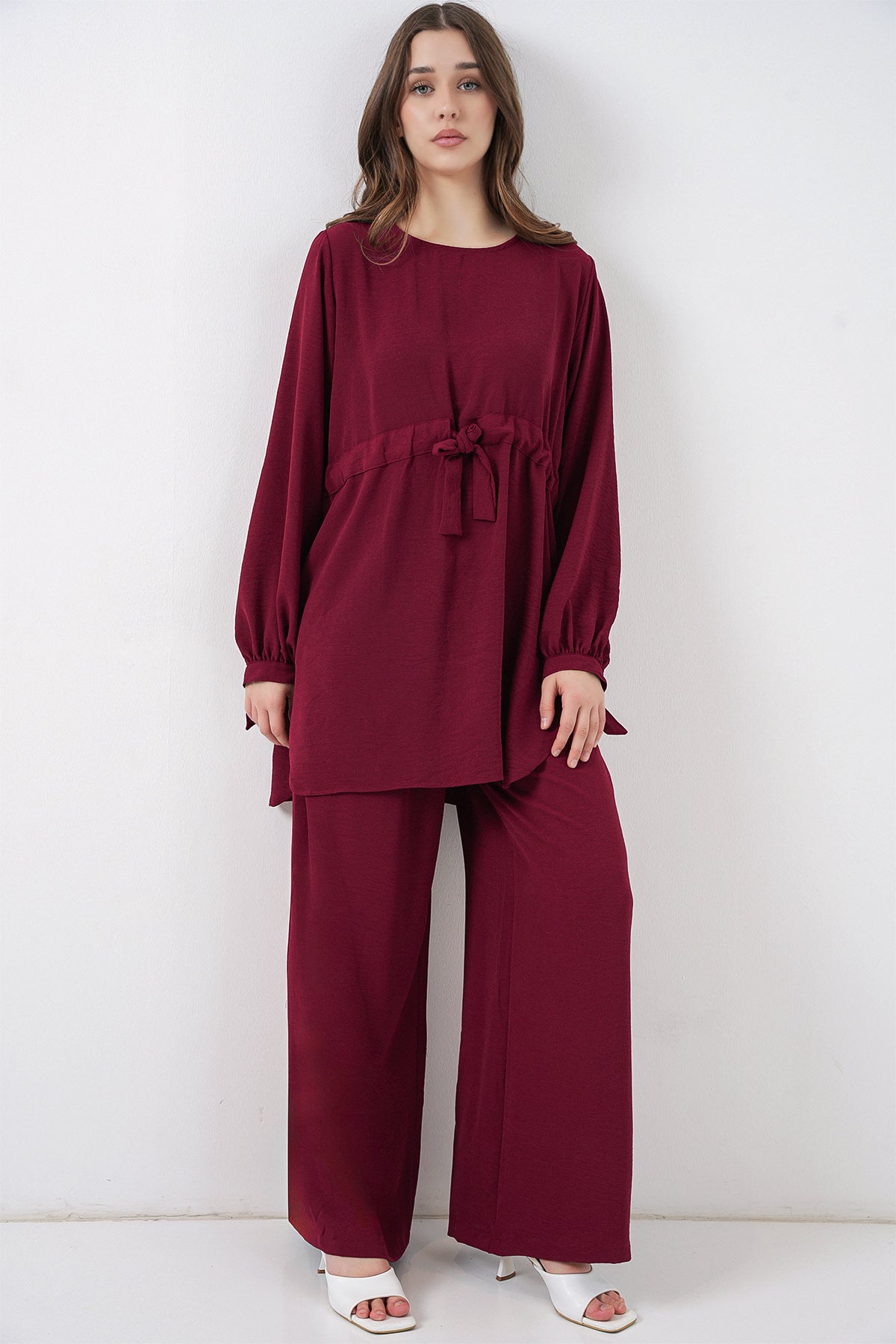Kadın Uzun Tunik Pantolon İkili Takım 6719 - Bordo