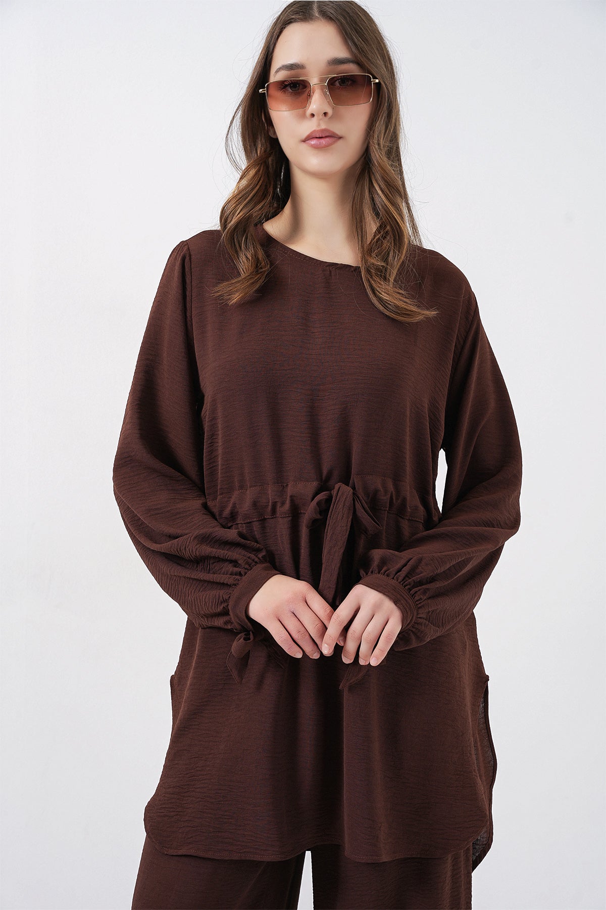 Kadın Uzun Tunik Pantolon İkili Takım 6719 - Kahverengi