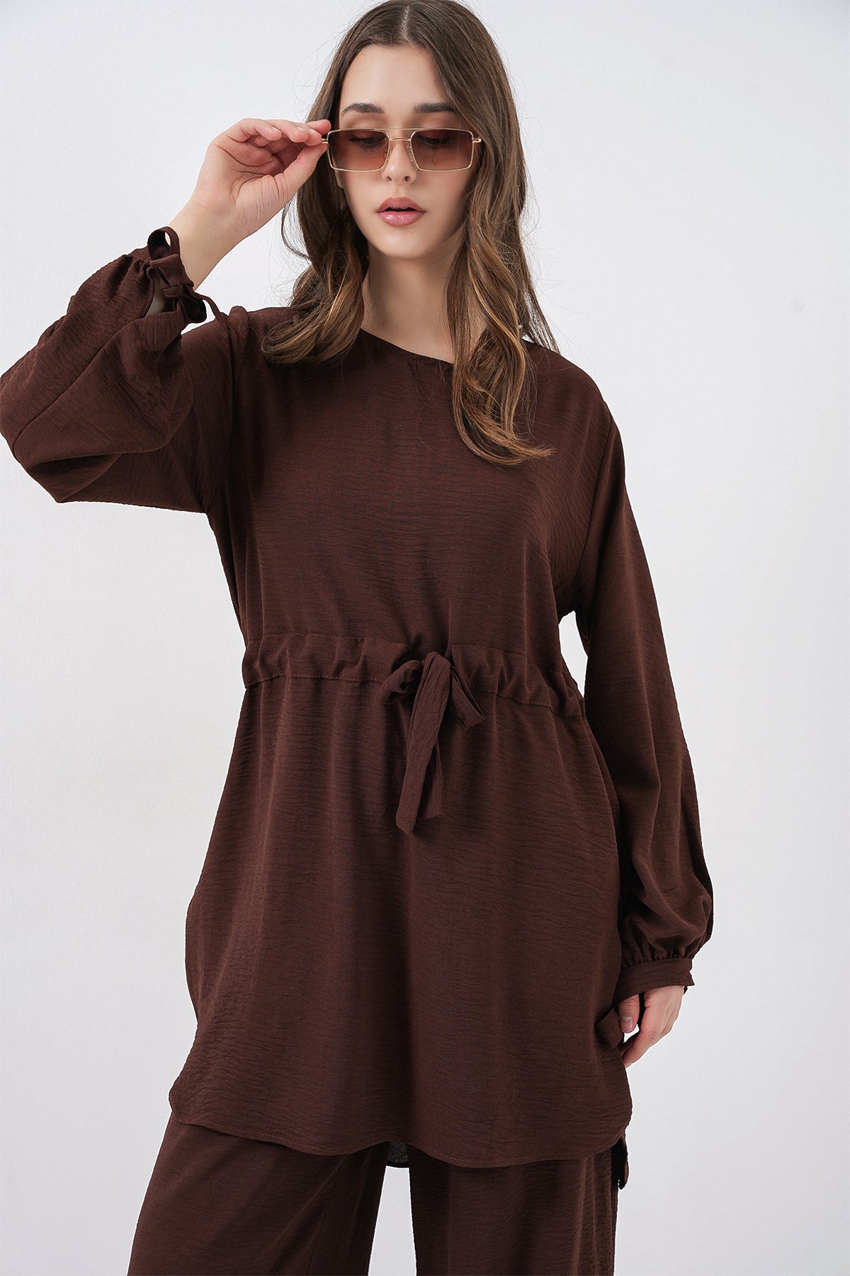 Kadın Uzun Tunik Pantolon İkili Takım 6719 - Kahverengi