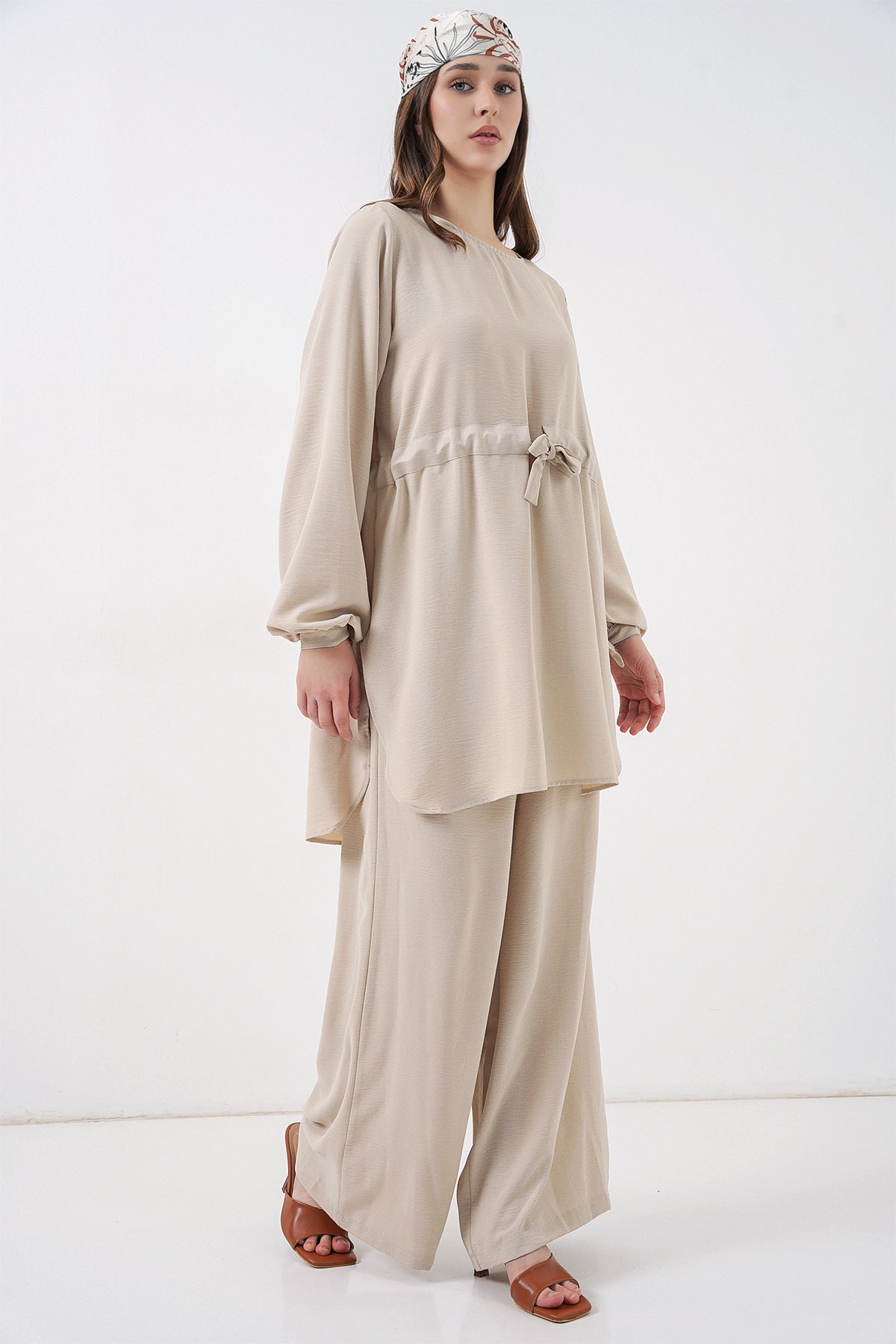 Kadın Uzun Tunik Pantolon İkili Takım 6719 - Krem
