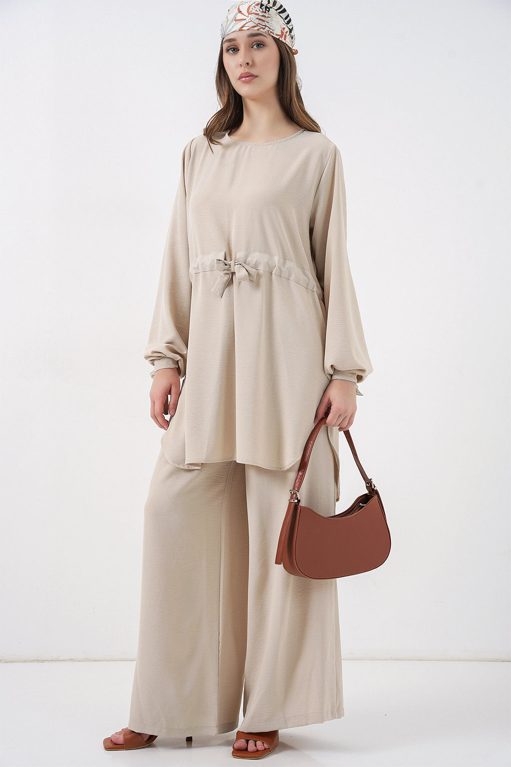 Kadın Uzun Tunik Pantolon İkili Takım 6719 - Krem