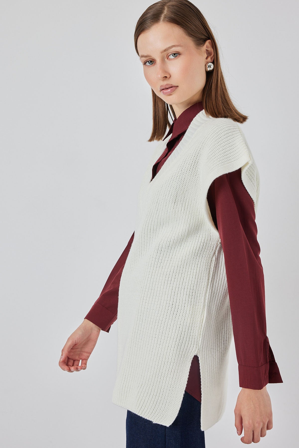 Kadın V Yaka Triko Süveter 15925 - Ekru