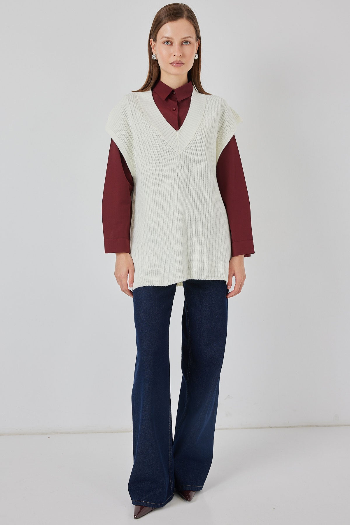 Kadın V Yaka Triko Süveter 15925 - Ekru