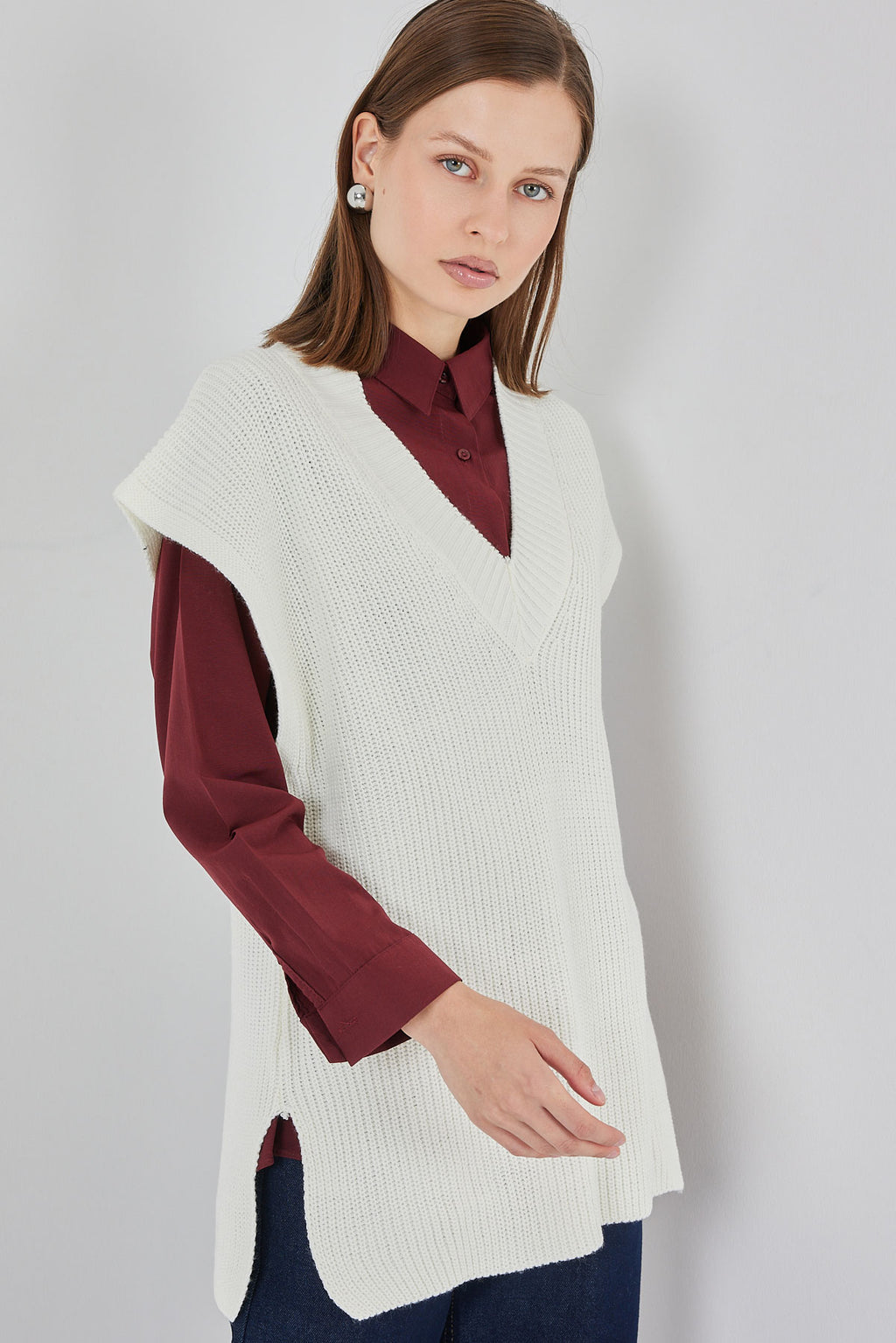 Kadın V Yaka Triko Süveter 15925 - Ekru