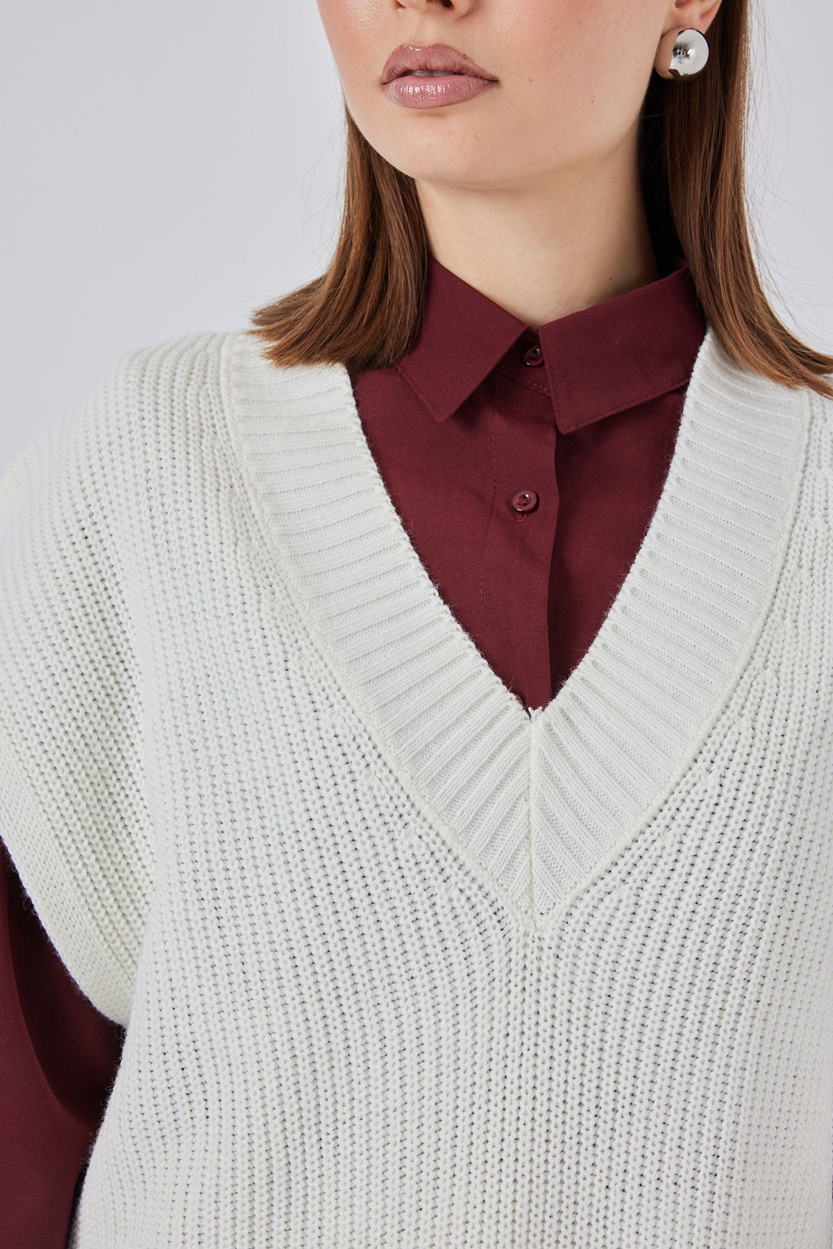 Kadın V Yaka Triko Süveter 15925 - Ekru