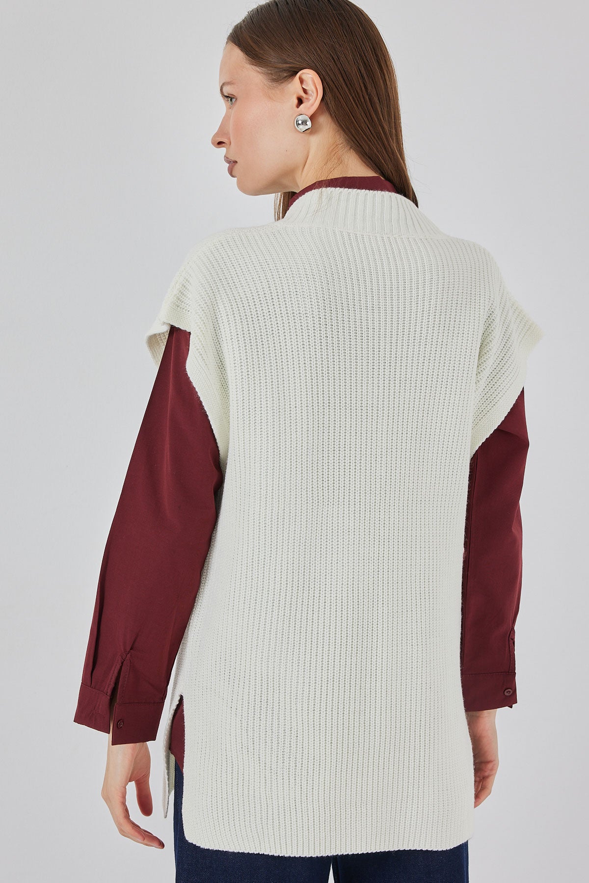 Kadın V Yaka Triko Süveter 15925 - Ekru