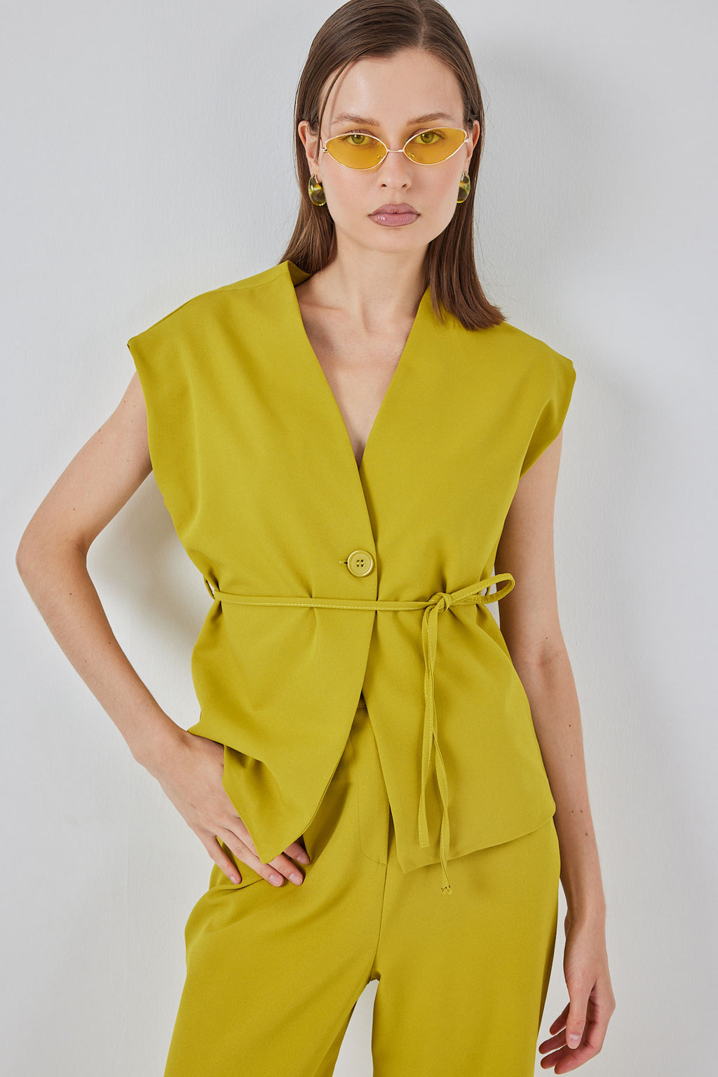 Kadın Yelek Pantolon Kumaş Takım 30050 - Yağ Yeşil