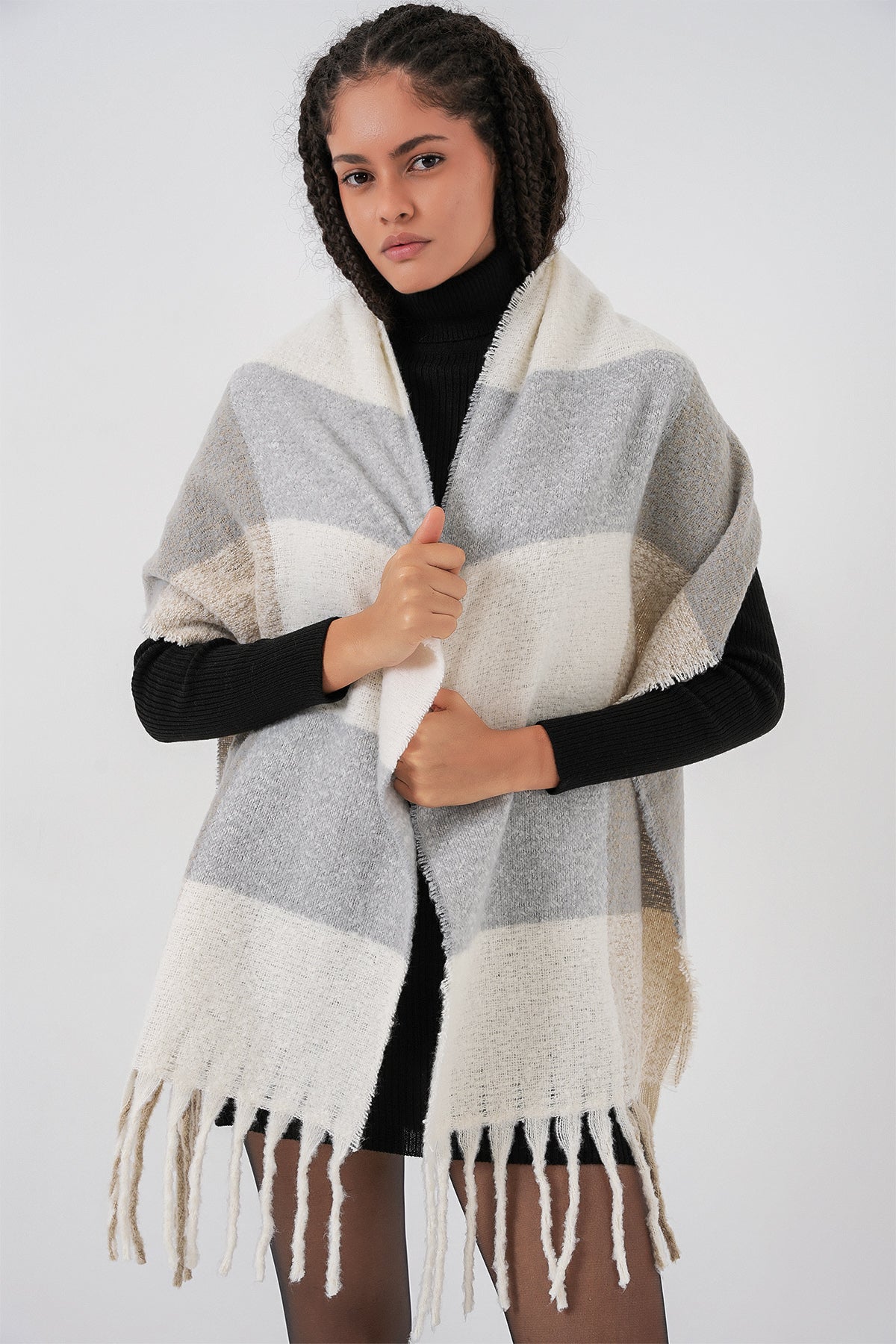 Kadın Yumuşak Dokulu Kalın Şal Atkı 15951 - A.Gri