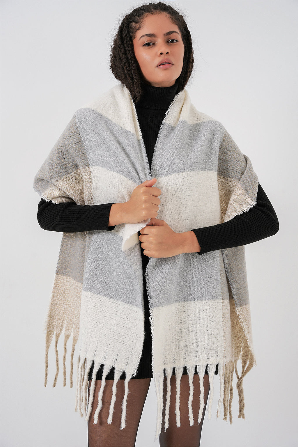 Kadın Yumuşak Dokulu Kalın Şal Atkı 15951 - A.Gri