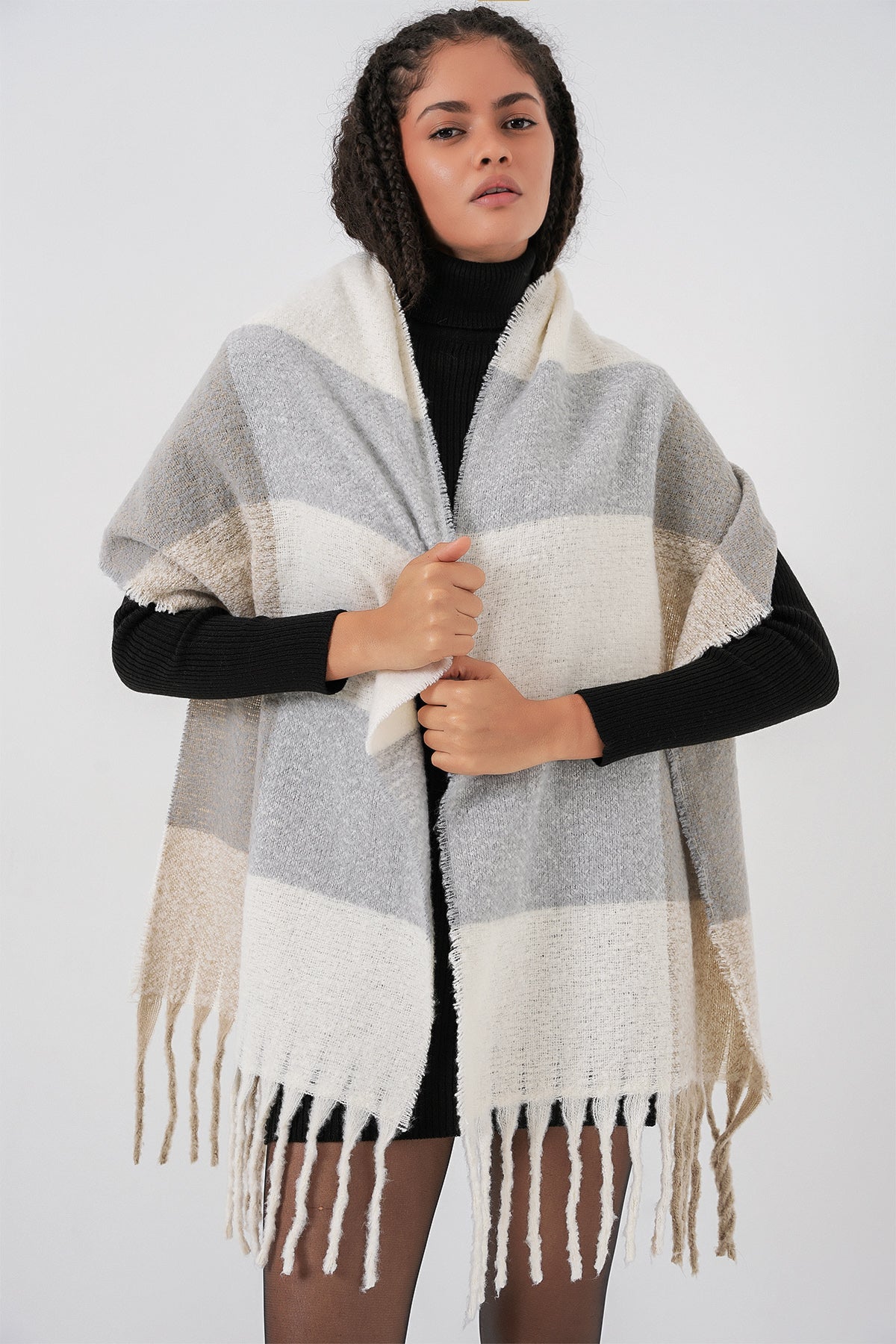 Kadın Yumuşak Dokulu Kalın Şal Atkı 15951 - A.Gri