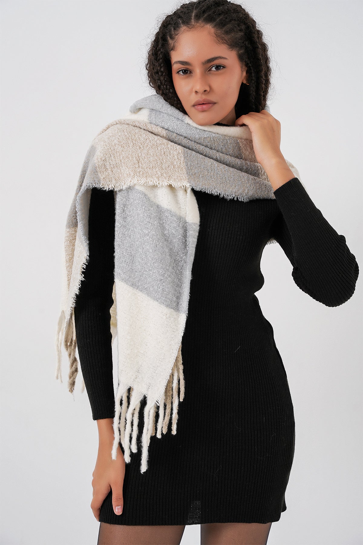 Kadın Yumuşak Dokulu Kalın Şal Atkı 15951 - A.Gri