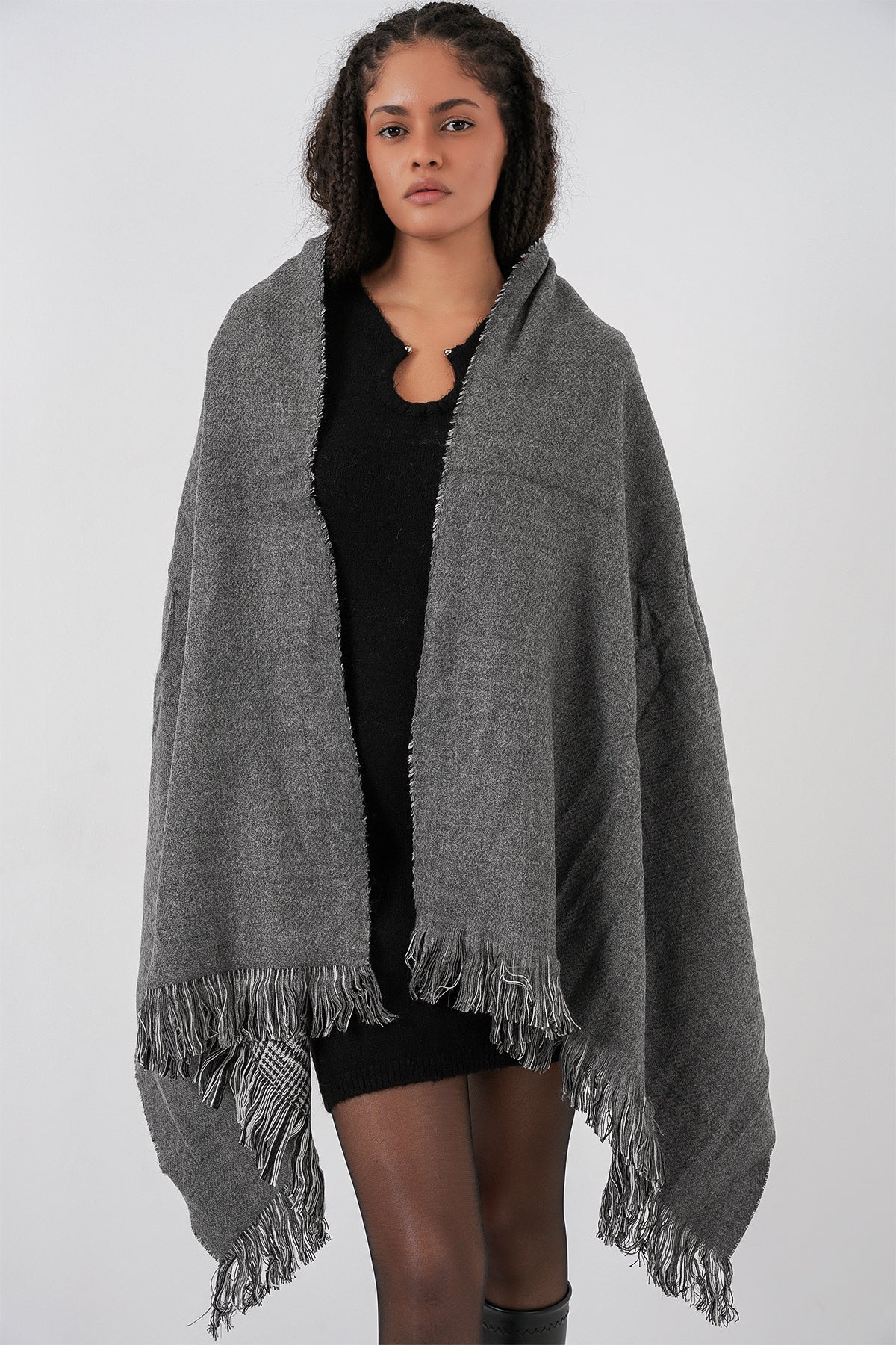 Kadın Yumuşak Dokulu Kalın Şal Atkı 15951 - Antrasit