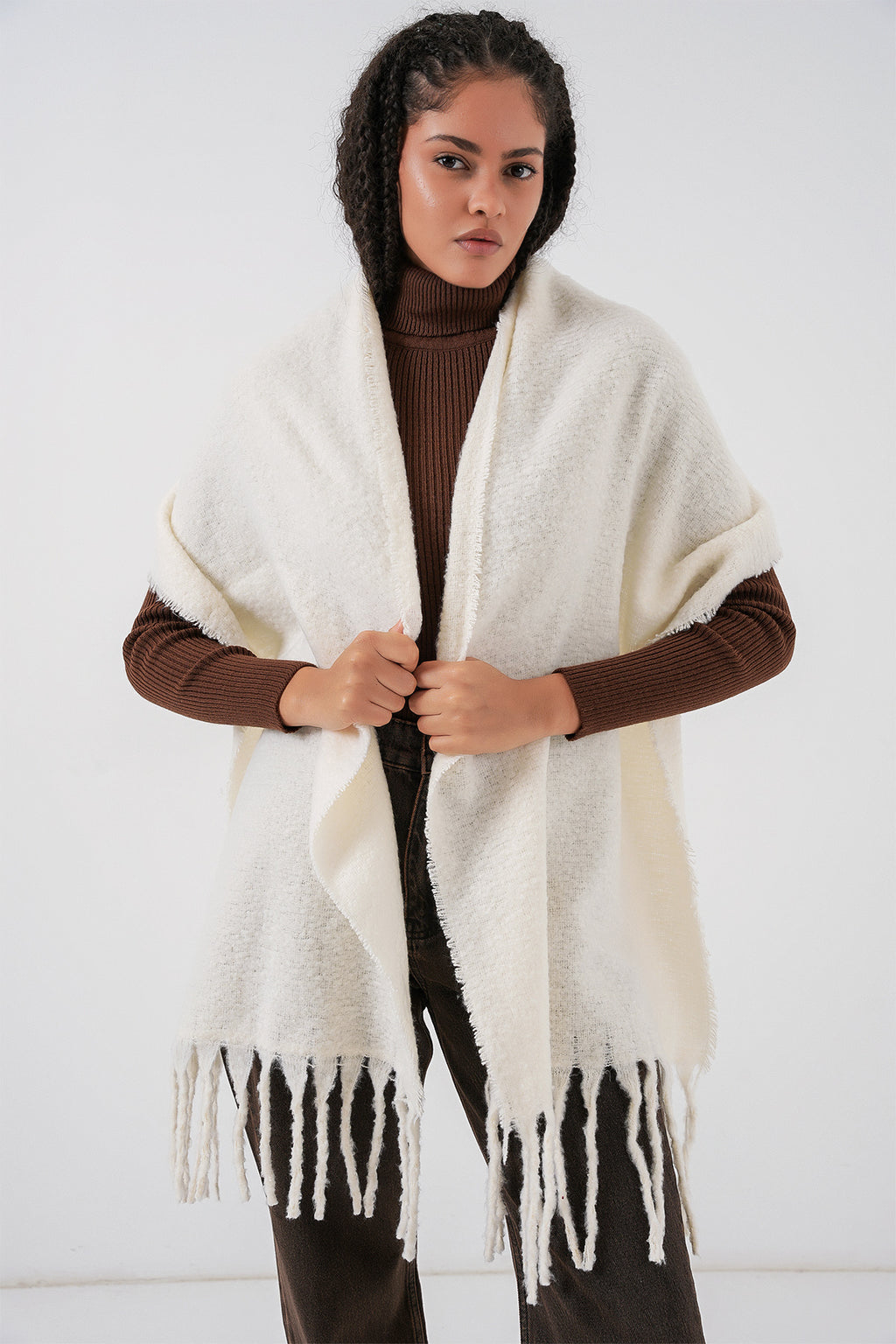 Kadın Yumuşak Dokulu Kalın Şal Atkı 15951 - Ekru