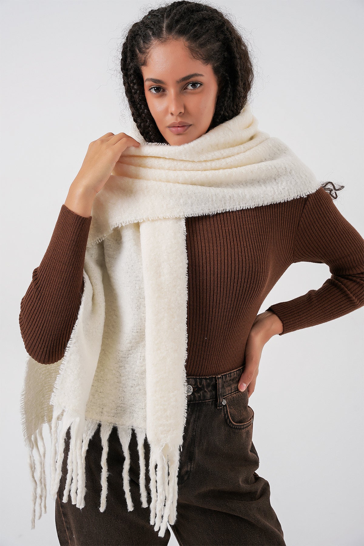 Kadın Yumuşak Dokulu Kalın Şal Atkı 15951 - Ekru