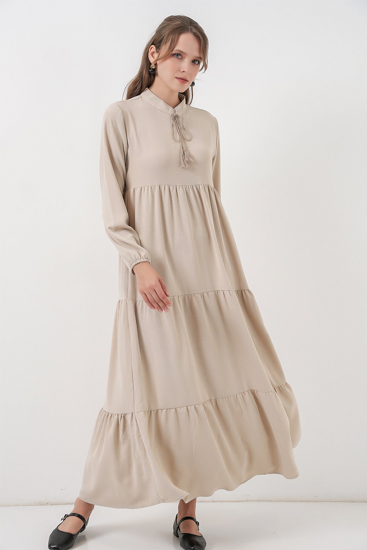 T1627 Yaka Bağcıklı Elbise - Taş