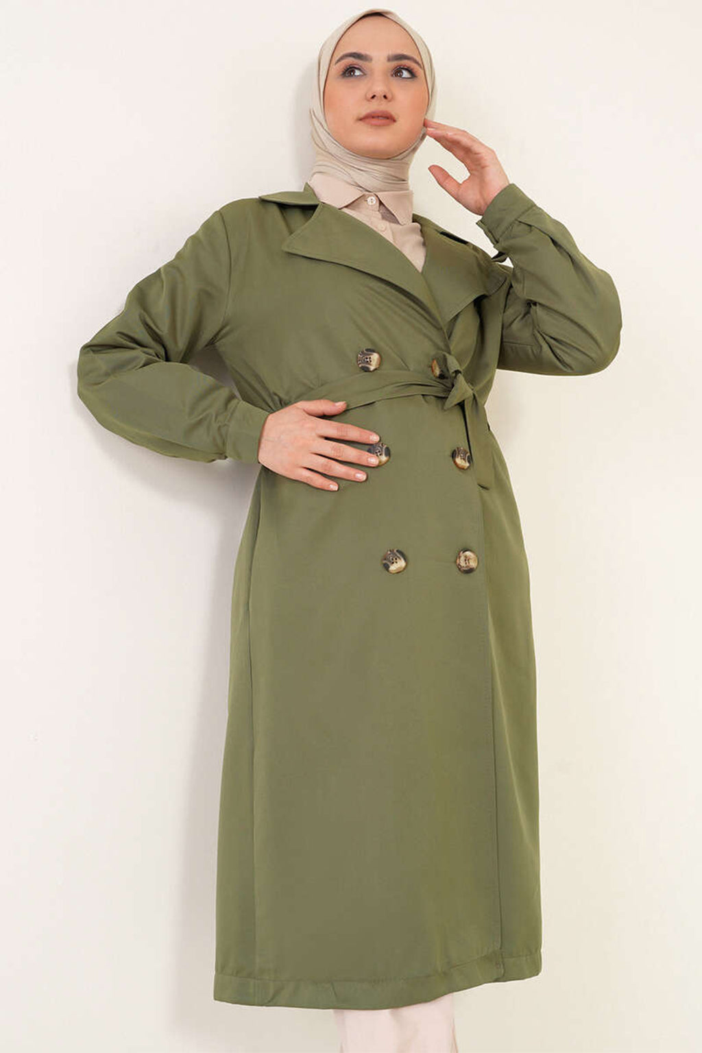 T5853 Kruvaze Yaka Tesettür Trençkot - Haki
