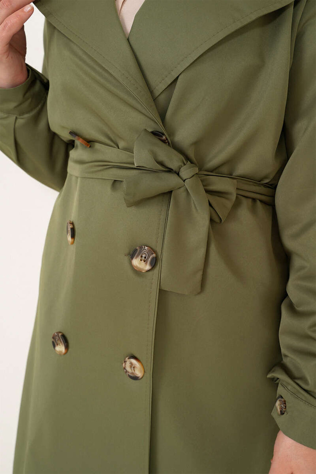 T5853 Kruvaze Yaka Tesettür Trençkot - Haki