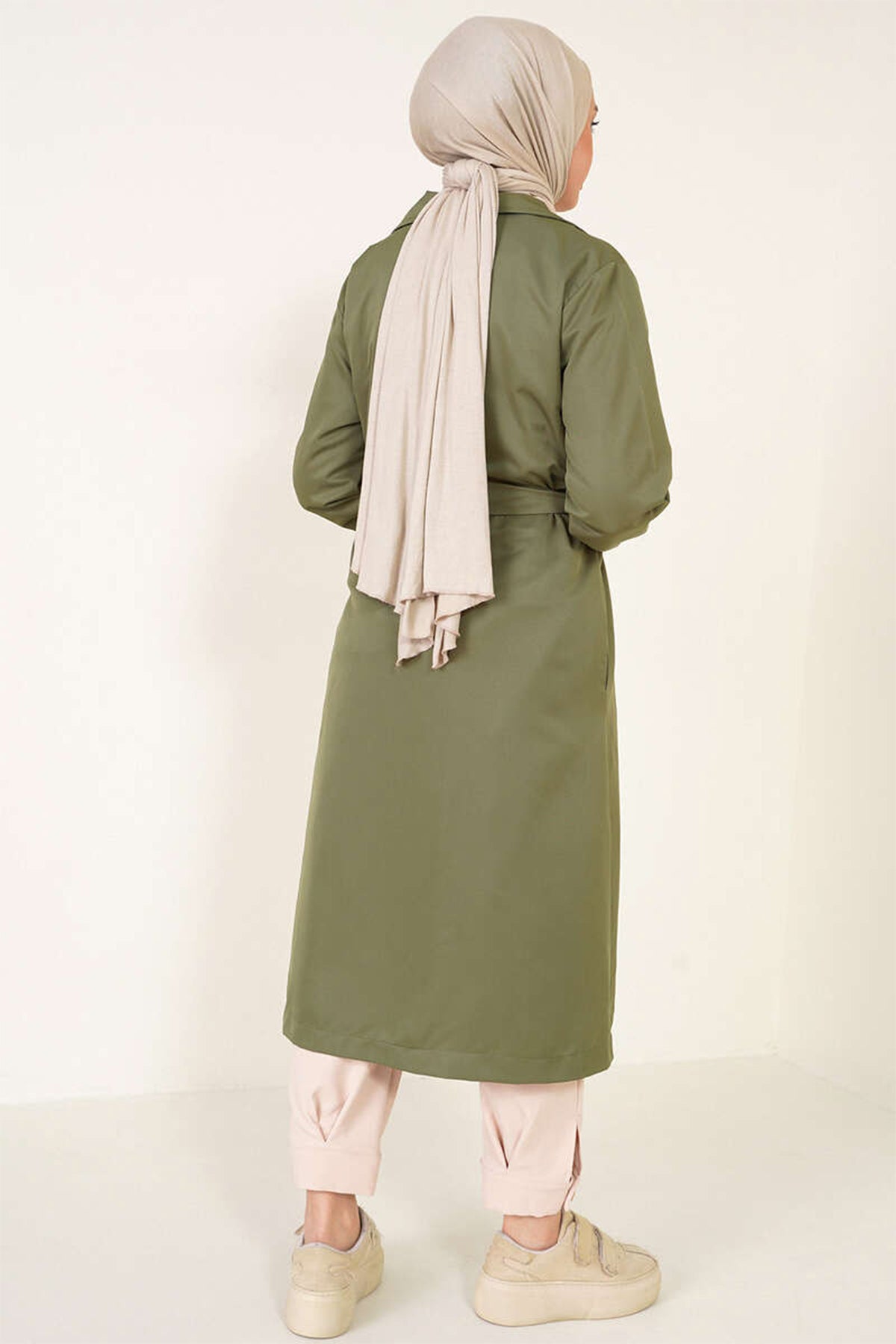 T5853 Kruvaze Yaka Tesettür Trençkot - Haki