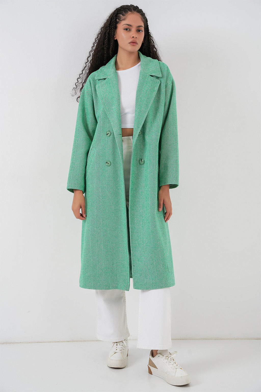 Yeşil Oversize Geniş Kesim Yünlü Uzun Kaşe Kaban 9113